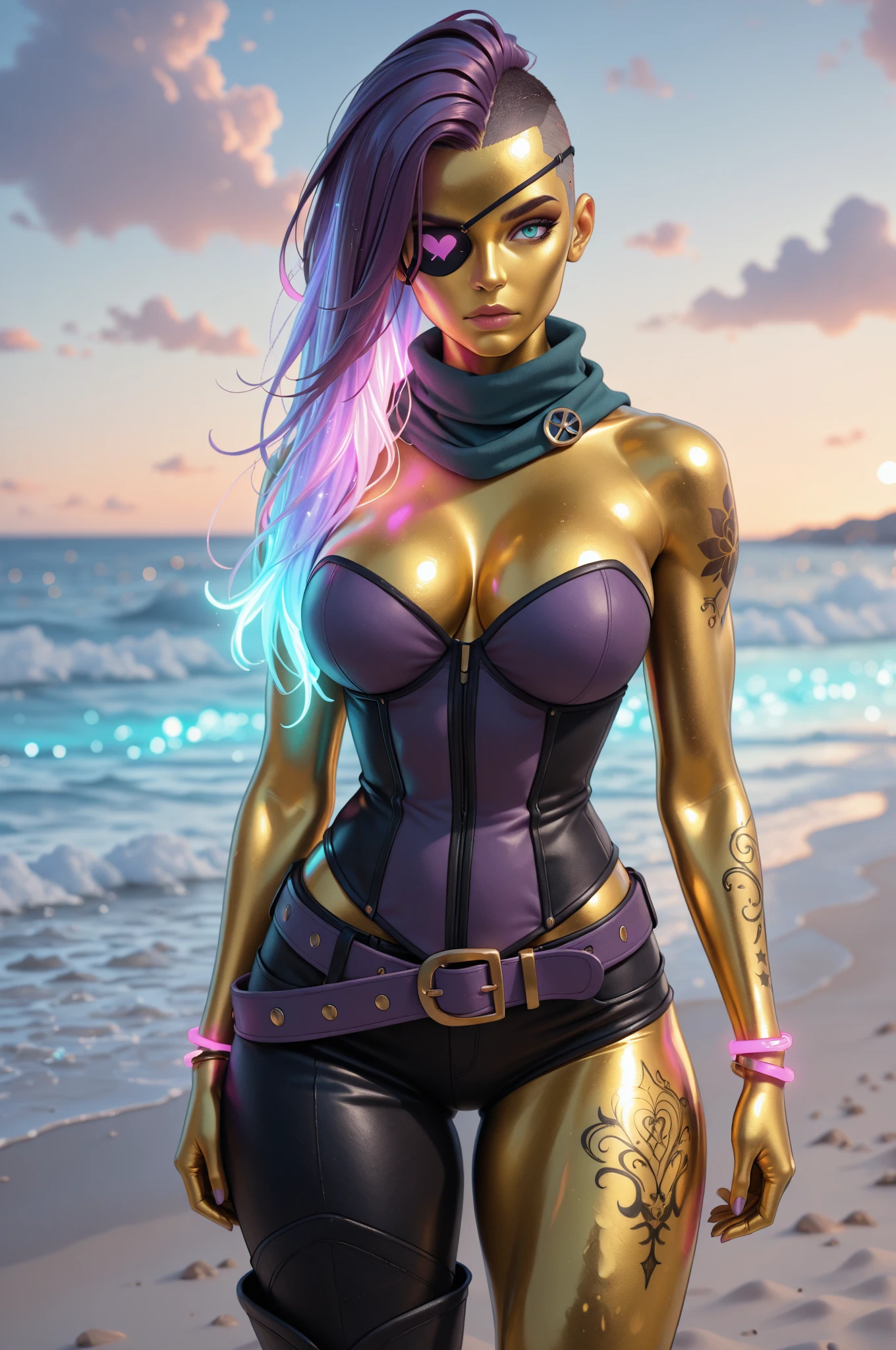 upper body closeup, A cotton-candy pink desert under a glowing green sky, where a woman in a magenta vinyl bodysuit and translucent bubble cape leads a leopard covered in glitter and glowing tattoos.,
detailed background, intricate, Graffiti and Street Art,
Dramatically detailed, High detailed,