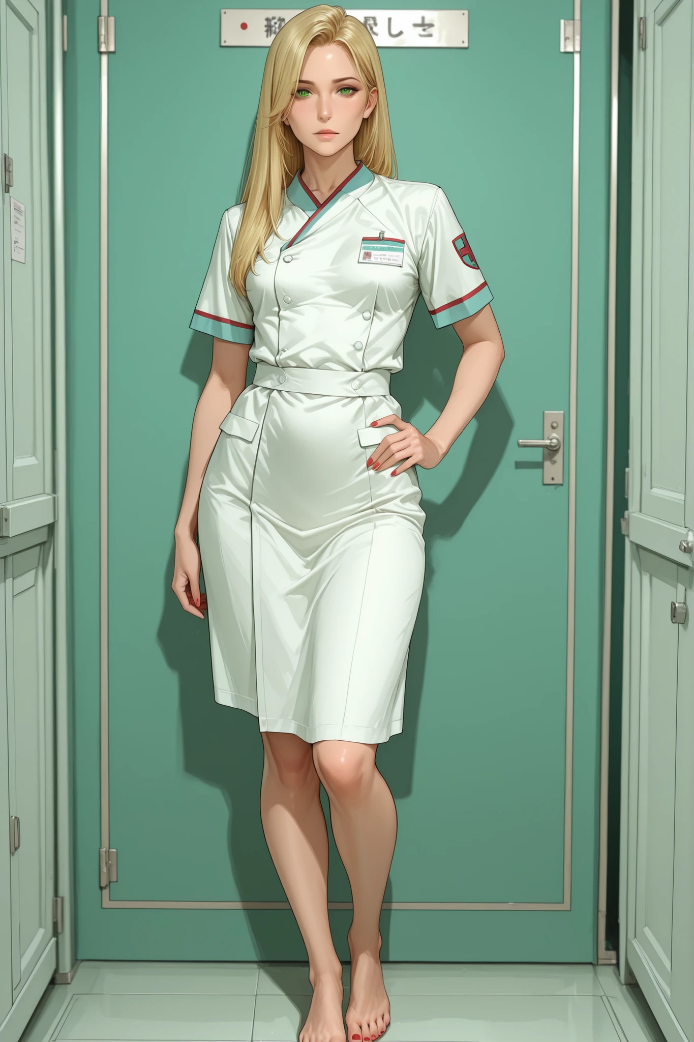 female_focus, 1girl, solo, mature_female, blonde, straight_hair, green_eyes, small_breasts, medical_uniform, barefoot, standing, looking_at_viewer, hand_on_own_hip, red_toenails