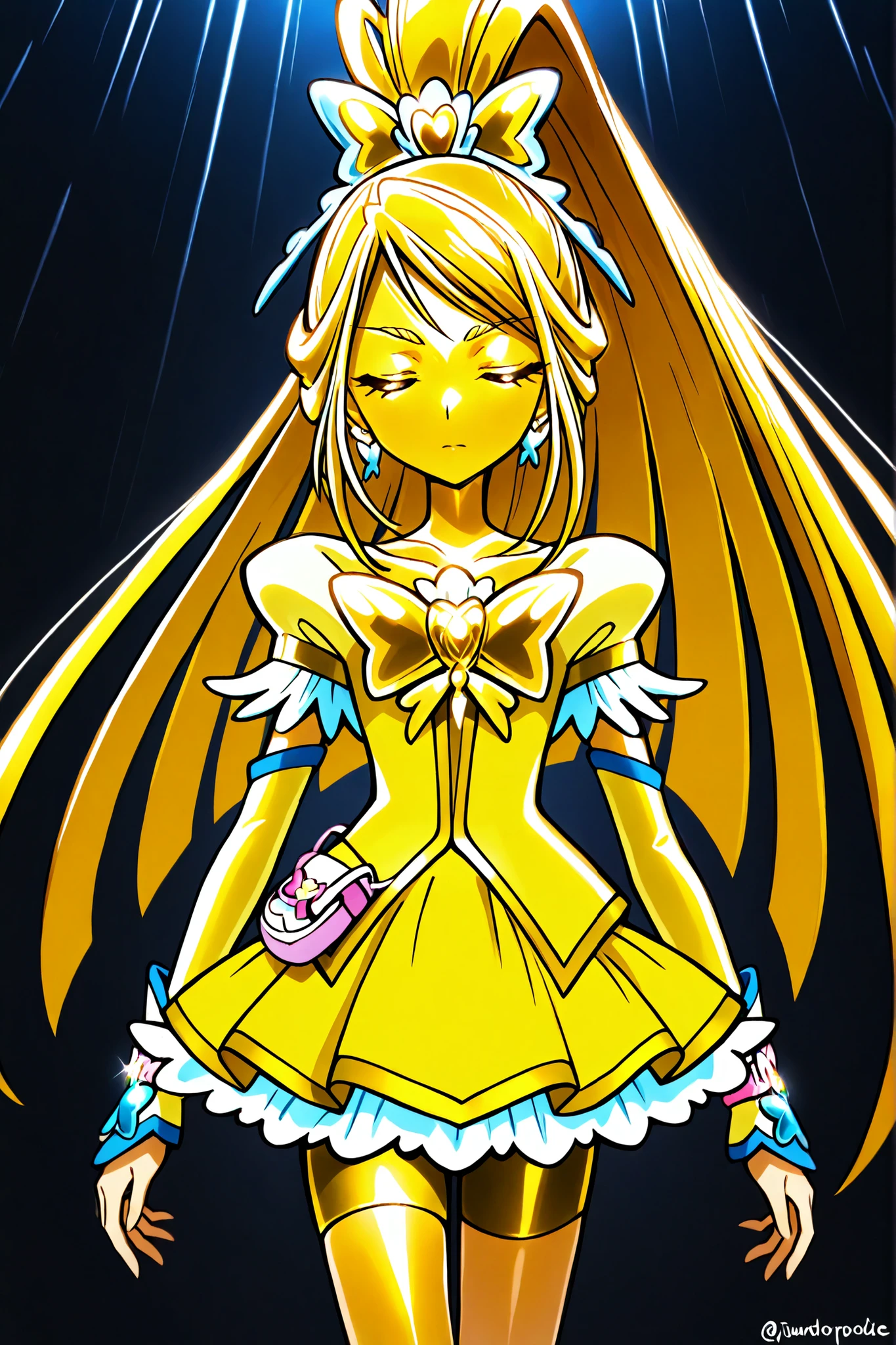 Cure Aqua, masterpiece, top quality, Newest, very high resolution with glasses in one hand, closed eyes, gold髪, jaundice, closed mouth, no students, Yellow skin, glossy skin, gold属の肌, black eyebrow , Drooping eyebrows, 1girl, solo, Cowboy Shots, is standing, dynamic, viewers, sleeping, serious expression, black background, standing, arms at side, wide, wide ponytail, gold_Butterfly Brooch , gold_shorts, gold_butterfly hair ornaments, long hair, gold_shorts, ponytail, Magical Girl, gold_skirt, bike shorts, gold_shorts under skirt, hair ornaments, gold_gem, high ponytail, metallic costume