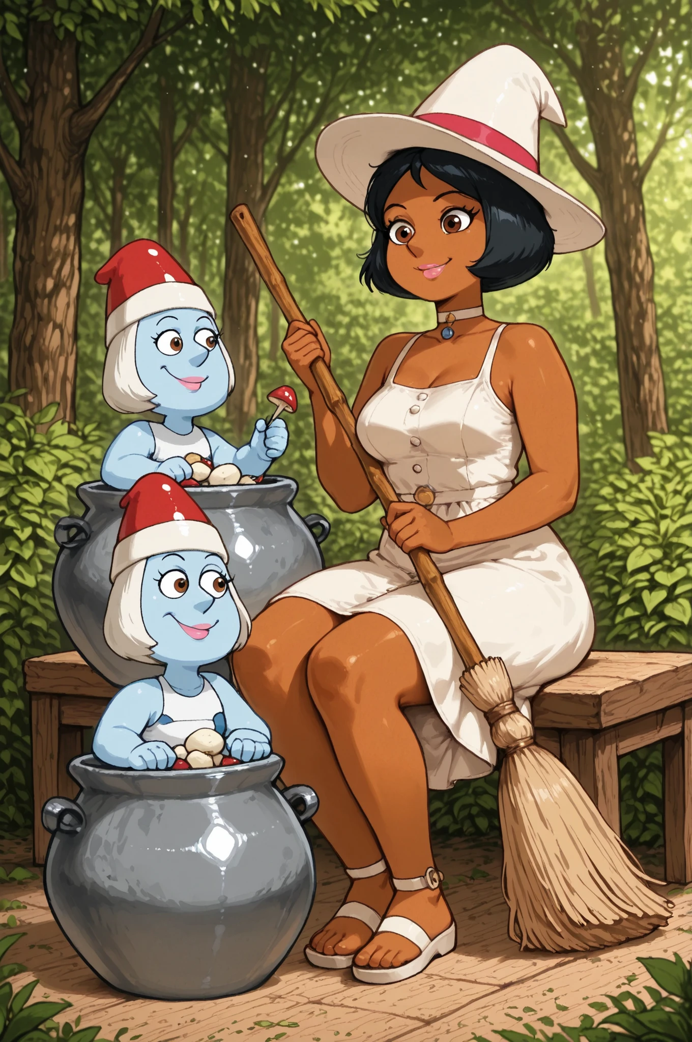  totally_spies_2k24 alex, black hair, short hair, brown eyes, dark-skinned female, pink lips, medium breasts, choker. | “A charming scene in the Smurfs’ village: mushroom‑shaped houses with red caps and white spots, surrounded by oversized berries and lush greenery. Several Smurfs are playing and going about their day. In the foreground, a Smurf sits on a small wooden bench, wearing a classic white sleeveless dress and white hat, smiling gently. In the background, subtle hints of Gargamel’s mischief — a misplaced pot, a tripped broom. Bright, sunny day, vibrant cartoon style, whimsical atmosphere, detailed textures, soft lighting, 4K resolution.”




