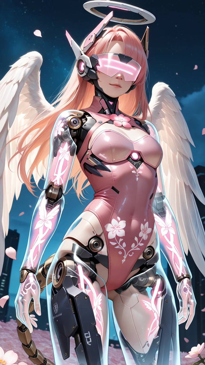 ((masterpiece, best quality, extremely detailed), volumetric lighting, ambient occlusion, colorful, glowing), 1girl, solo, young girl, (pink hair), long hair, halo, aura, sacred, godness, cyber suit, (white outfit:1.3), android, bot, angel wings, outdoors, sunset, sky, clouds, space, (cyberpunk theme:1.2),