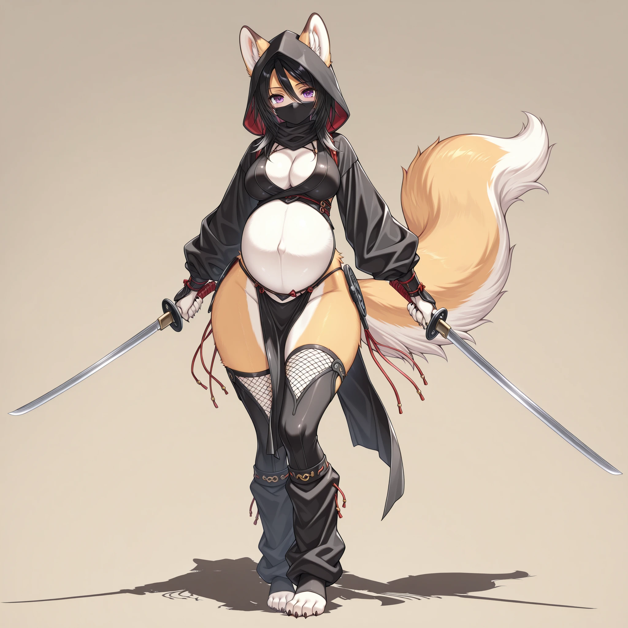 (1girl, solo, mutt girl, furry, Kemono, Fluffy fur, coloured fur, caramel fur, two tone fur, black hair, medium hair, hair between eyes, purple eyes, cleavage, navel, pregnant, wide hips, ninja gaiden, ninja dancer, ninja harem outfit, hooded, baggy sleeves, ninja mask, battle panties, pelvic curtain, high thigh socks, toeless socks, long leg warmers, oversized leg warmers, barefoot, standing, wielding katanas, lovely, stylish, graceful, sexy, cute, full body, beautiful environment, gothicstyle, biyōjo, moe, beautiful aesthetic, simple background, masterpiece, best quality)
