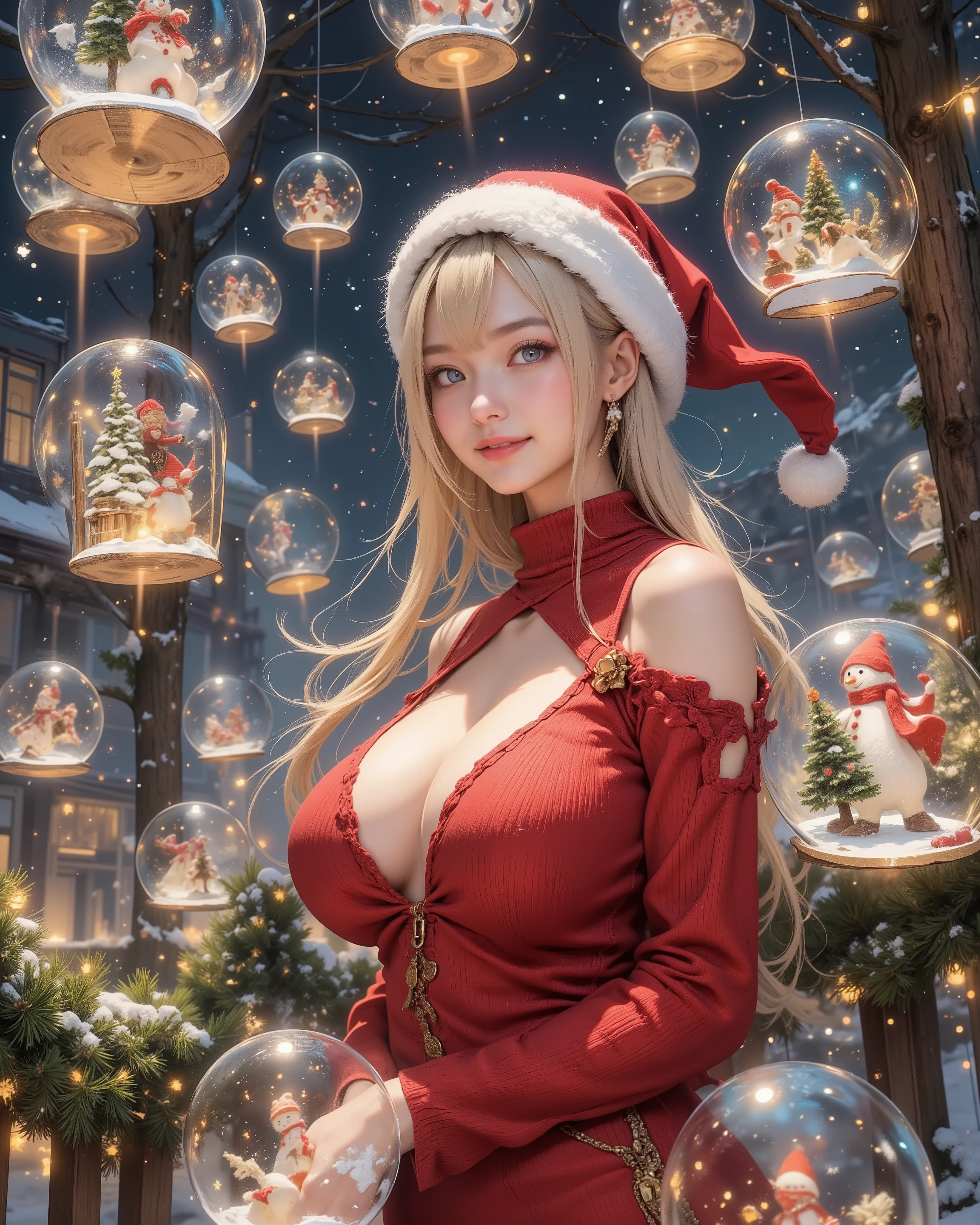 A festive Christmas scene, captured from a slightly distant perspective: a breathtakingly beautiful woman in a red knit mini Santa dress, styled as a backless turtleneck sweater-dress with lace-up open back and deep side cutouts, hugging her elegant hourglass figure. She is shown from above the knees upward, framed in cinematic medium shot. She wears a Santa hat with white plush trim and subtle fur hem, her luminous porcelain skin glowing with warmth, rosy cheeks, dewy lips, flawless complexion, graceful collarbones. Ultra-beautiful face, symmetrical features, large expressive eyes, long lashes, refined nose, soft blush. She smiles with bliss and shy embarrassment while delicately holding a crystal-clear snow globe in her hands.
Surrounding her, countless snow globes float gracefully in midair, orbiting like celestial spheres. Each globe refracts light and contains miniature festive worlds: cheerful snowmen, radiant Christmas trees, swirling blizzards of snowflakes. The globes shimmer with crystalline reflections, creating a magical constellation of holiday dreams around her. Snow gently drifts through the outer scene, blending with glowing bokeh lights and evergreen garlands, amplifying the surreal atmosphere.
Lighting: warm ambient glow from fairy lights, soft rim light highlighting her hair and skin, delicate reflections on the floating globes. Depth of field: shallow, creamy bokeh emphasizing her face and the nearest globes, while distant globes blur into luminous halos. Atmosphere: festive, enchanting, romantic, surreal. Style: photorealistic with anime-inspired elegance, ultra-detailed, cinematic POV framing, high fidelity.