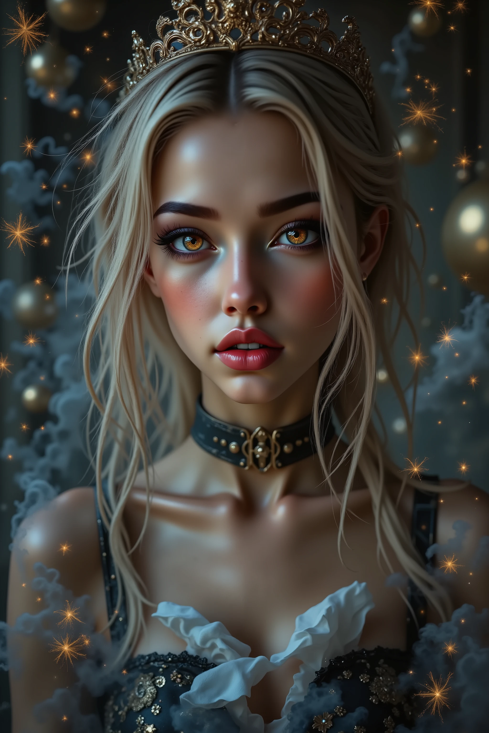 [Style: "masterpiece, realistic (photorealistic Realism), ultra-detailed, Ultra high resolution"](Key Directive: - ("The priority is the anatomical accuracy and texture of the materials" - "Ultra-sharp human eyes with biological accuracy") {hyper realistic and detailed face,"Eyes: (acid-resistant terminology) (macro-details:1 . 5): * Moist corneal surface (visible aqueous layer:1 . 2) * Ultra-detailed iris stroma brown (with gold flecks) * Precise limbal ring (slightly darker pigmentation:1 . 22) - "Lashes: blue individual synthetic fibers (crosshatched roots:1 . 2 , clump-free separation)" (Post-Processing: - "Frequency separation for skin vs eye details" - "Selective sharpening: eyes200% , hair80%" - "Denoise: luminance20 , color35 (retain corneal speculars)") (Avoid: "pupil distortion , uncanny valley asymmetry , plastic-like wetness") ((perfect dark_eyeshadows:1.3)),(apply glossy red lipstick:1.22), (Beautiful long legs in good style:1.35), ((no bra, no panties:1.3)), (medium butt), (skinny body build),(perfect hot model body:1.4), ((slim belly: 1.2)),  An exquisite blend of a portrait of a woman in a beautiful dress and a medieval night scene. ((A complex high-resolution double exposure of twinkling stars inside a beautiful dress, creating a fantastic image with a starry sky as a backdrop)) [The vivid colors of a dream, holding jewels against a medieval sky full of colorful stars]. (Rendering engine: "Unreal Engine 5 path tracing, 16K texture maps") | The ultra-Highres,Unreal 5,Subsurface scattering,PBR Texturing,Post-Processing,Anisotropic Filtering,depth of fields,Maximum Sharpness and Sharpness,Precise simulation of light-material interactions,perfectly proportions,Octane rendering, Wide Aperture, low ISO, white balance, The rule of thirds.
