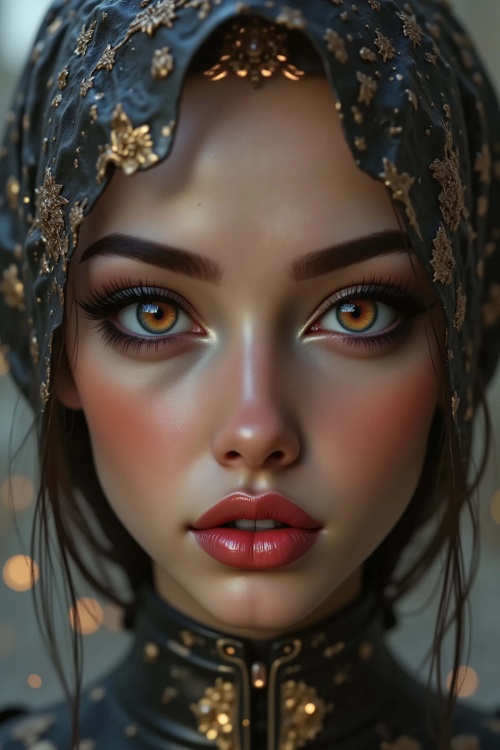 [Style: "masterpiece, realistic (photorealistic Realism), ultra-detailed, Ultra high resolution"](Key Directive: - ("The priority is the anatomical accuracy and texture of the materials" - "Ultra-sharp human eyes with biological accuracy") {hyper realistic and detailed face,"Eyes: (acid-resistant terminology) (macro-details:1 . 5): * Moist corneal surface (visible aqueous layer:1 . 2) * Ultra-detailed iris stroma brown (with gold flecks) * Precise limbal ring (slightly darker pigmentation:1 . 22) - "Lashes: blue individual synthetic fibers (crosshatched roots:1 . 2 , clump-free separation)" (Post-Processing: - "Frequency separation for skin vs eye details" - "Selective sharpening: eyes200% , hair80%" - "Denoise: luminance20 , color35 (retain corneal speculars)") (Avoid: "pupil distortion , uncanny valley asymmetry , plastic-like wetness") ((perfect dark_eyeshadows:1.3)),(apply glossy red lipstick:1.22), (Beautiful long legs in good style:1.35), ((no bra, no panties:1.3)), (medium butt), (skinny body build),(perfect hot model body:1.4), ((slim belly: 1.2)),  An exquisite blend of a portrait of a woman in a beautiful dress and a medieval night scene. ((A complex high-resolution double exposure of twinkling stars inside a beautiful dress, creating a fantastic image with a starry sky as a backdrop)) [The vivid colors of a dream, holding jewels against a medieval sky full of colorful stars]. (Rendering engine: "Unreal Engine 5 path tracing, 16K texture maps") | The ultra-Highres,Unreal 5,Subsurface scattering,PBR Texturing,Post-Processing,Anisotropic Filtering,depth of fields,Maximum Sharpness and Sharpness,Precise simulation of light-material interactions,perfectly proportions,Octane rendering, Wide Aperture, low ISO, white balance, The rule of thirds.
