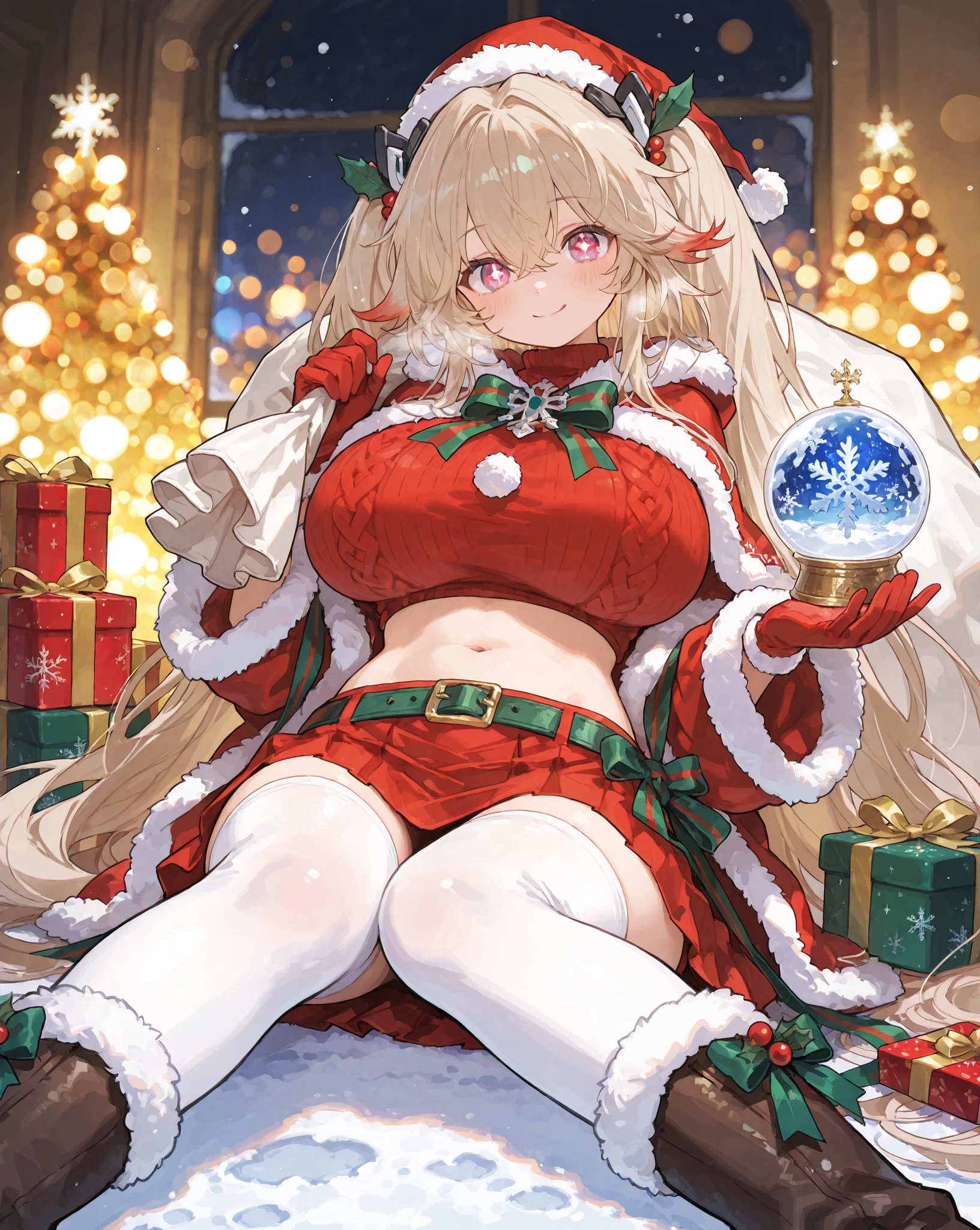 vks2023,sweater,score_9, score_8_up, score_8,rating_safe,(1girl ),
Anchorage (Azur Lane) , covered ultra enormous huge breasts
, Inside a magical snow globe: anime-style festive girl with long blonde hair and blue eyes, wearing a red Santa hat adorned with holly and a green-red ribbon. Her outfit includes a red crop top with white fur trim, matching red skirt with snowflake patterns and fur hem, green-red ribbon belt with gold buckle, red gloves, and red fur-trimmed boots. She holds a large white gift sack over her shoulder, smiling warmly with sparkling eyes and soft blush.
The entire scene enclosed in a crystal-clear glass dome, resting on a polished wooden base with engraved snowflake motifs. Snow gently swirls inside the globe, catching warm light and creating dreamy sparkles. Background: glowing golden bokeh lights, soft festive illumination. Lighting: warm ambient glow, soft rim light, gentle highlights on hair and fur. Depth of field: shallow, creamy bokeh; focus on face and gift sack. Atmosphere: cheerful, cozy, magical, holiday-themed.
Style: anime illustration, ultra-clean lines, vibrant colors, soft gradients, high detail; festive, joyful, enchanting.