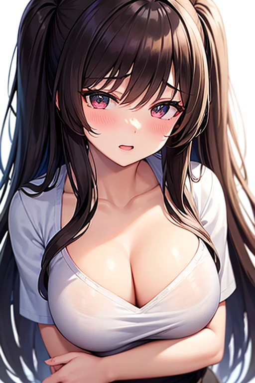 beautiful, (masterpiece:1.2), (best quality:1.2), perfect face, perfect eyes, perfect lighting, 1girl, blue eyes, , brown hair, white background, , long hair, looking at viewer, , , simple background, solo, upper body, , massive , , center focus, cropped torso, <lora:Cropped Torso LoRA:0.75>