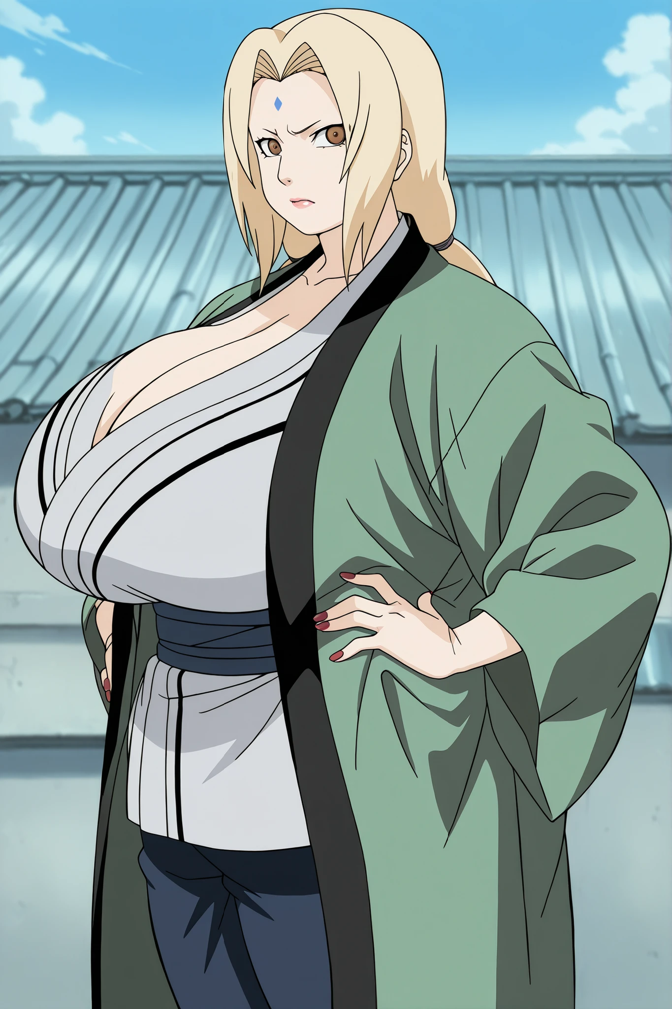 rooftop, day, source_anime, masterpiece, best quality, amazing quality, anime coloring, anime screencap, anime screenshot, high quality, 8k, absurdres, official style, 1girl, solo, gigantic bust, looking at viewer, arms crossed, stern expression, closed mouth, curvy, curvaceous, voluptuous, voluminous, hyper voluptuous, gigantic breasts, chubby, nails, nail polish, red nails, t5un4d3 53nju, brown eyes, blonde hair, long hair, hands on hips, h0k4ge outfit, low twintails, green haori, low twintails, grey kimono, blue obi, blue pants, forehead mark, massive breasts, deep cleavage, mature female, lips, side view, massive booty, thick legs, massive wide hips, gigantic ass, looking at viewer, eyes fixed on viewer, plump