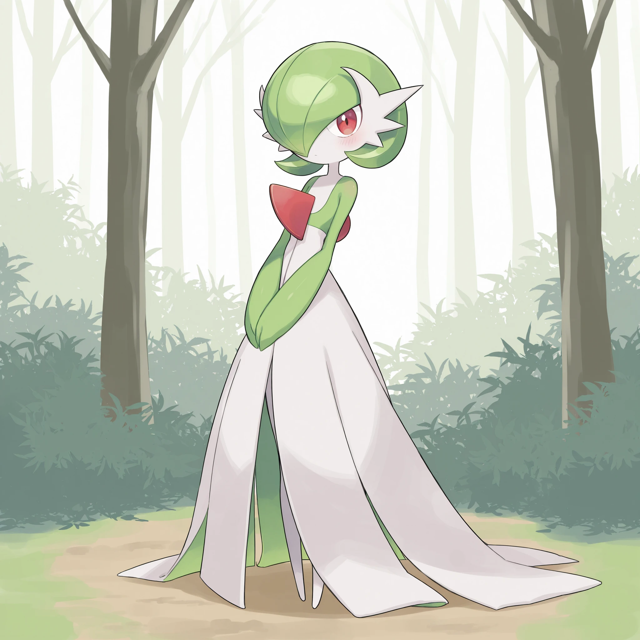 quality, very aesthetic, 8K, best quality, beautiful, ultra-high resolution, 32K UHD, sharp focus, 1woman, solo, Gardevoir, pokemon (creature), green hair, short hair, red eyes, white skin, white dress, green sleeves, slim, blush, serious, cute, hands on lap, standing, full body, looking at viewer, forest background, front view