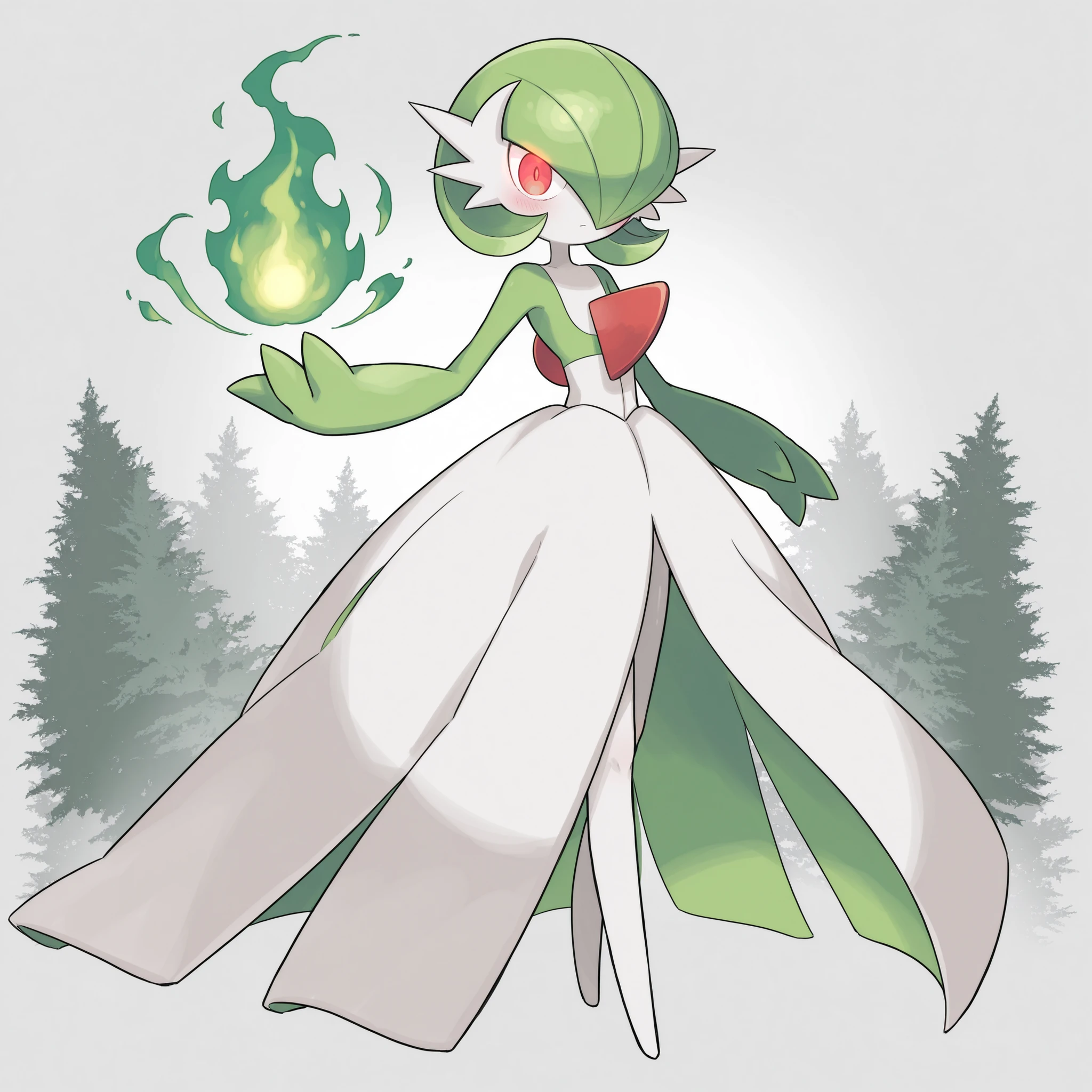 quality, very aesthetic, 8K, best quality, beautiful, ultra-high resolution, 32K UHD, sharp focus, 1woman, solo, Gardevoir, pokemon (creature), green hair, short hair, red eyes, white skin, white dress, green sleeves, slim, blush, serious, angry, cute, holding black flames, magic aura, aura, glowing eyes, standing, full body, looking at viewer, forest background, front view