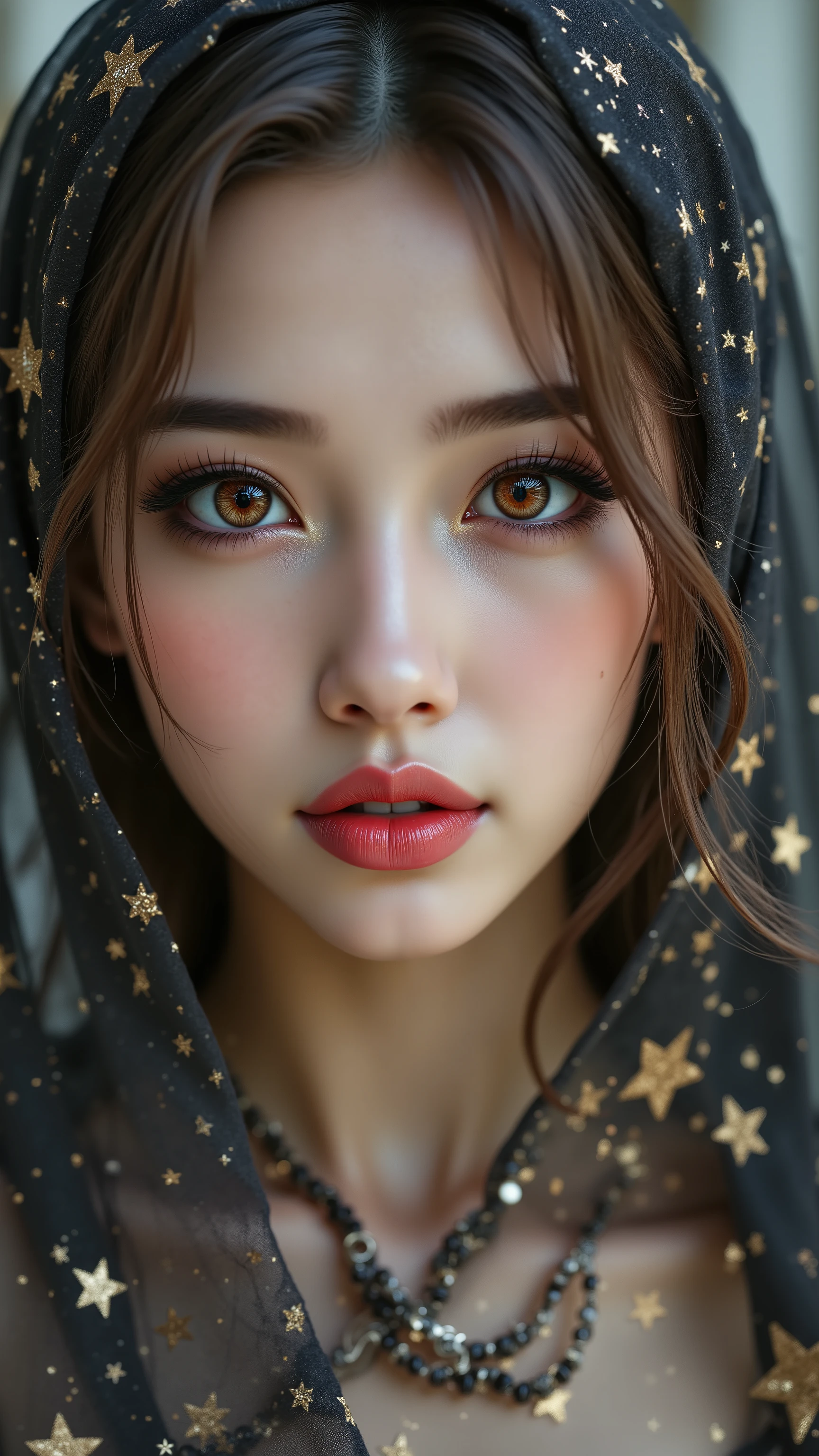 [Style: "masterpiece, realistic (photorealistic Realism), ultra-detailed, Ultra high resolution"](Key Directive: - ("The priority is the anatomical accuracy and texture of the materials" - "Ultra-sharp human eyes with biological accuracy") {hyper realistic and detailed face,"Eyes: (acid-resistant terminology) (macro-details:1 . 5): * Moist corneal surface (visible aqueous layer:1 . 2) * Ultra-detailed iris stroma brown (with gold flecks) * Precise limbal ring (slightly darker pigmentation:1 . 22) - "Lashes: blue individual synthetic fibers (crosshatched roots:1 . 2 , clump-free separation)" (Post-Processing: - "Frequency separation for skin vs eye details" - "Selective sharpening: eyes200% , hair80%" - "Denoise: luminance20 , color35 (retain corneal speculars)") (Avoid: "pupil distortion , uncanny valley asymmetry , plastic-like wetness") ((perfect dark_eyeshadows:1.3)),(apply glossy red lipstick:1.22), (Beautiful long legs in good style:1.35), ((no bra, no panties:1.3)), (medium butt), (skinny body build),(perfect hot model body:1.4), ((slim belly: 1.2)),  An exquisite blend of a portrait of a woman in a beautiful dress and a medieval night scene. ((A complex high-resolution double exposure of twinkling stars inside a beautiful dress, creating a fantastic image with a starry sky as a backdrop)) [The vivid colors of a dream, holding jewels against a medieval sky full of colorful stars]. (Rendering engine: "Unreal Engine 5 path tracing, 16K texture maps") | The ultra-Highres,Unreal 5,Subsurface scattering,PBR Texturing,Post-Processing,Anisotropic Filtering,depth of fields,Maximum Sharpness and Sharpness,Precise simulation of light-material interactions,perfectly proportions,Octane rendering, Wide Aperture, low ISO, white balance, The rule of thirds.