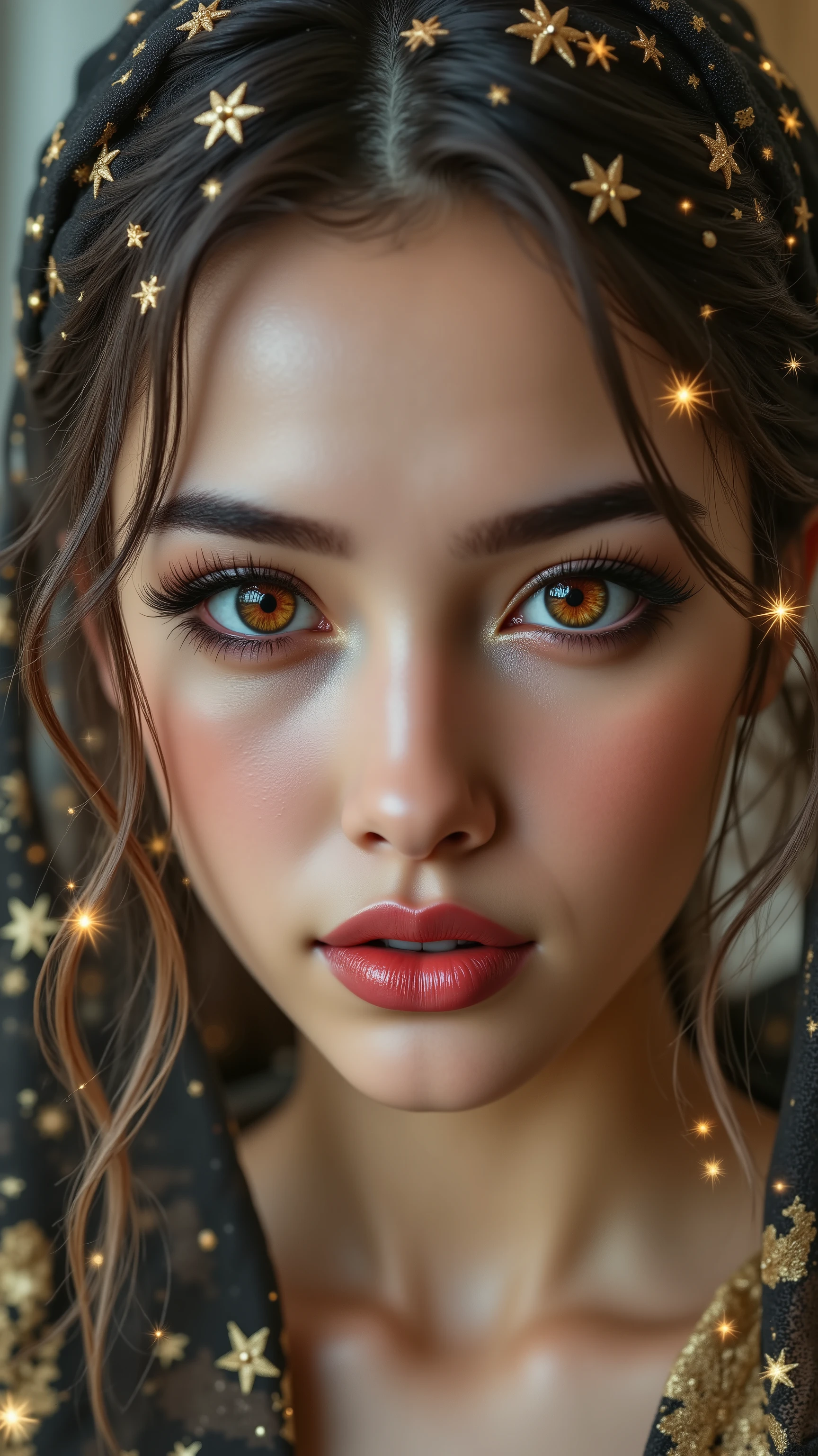 [Style: "masterpiece, realistic (photorealistic Realism), ultra-detailed, Ultra high resolution"](Key Directive: - ("The priority is the anatomical accuracy and texture of the materials" - "Ultra-sharp human eyes with biological accuracy") {hyper realistic and detailed face,"Eyes: (acid-resistant terminology) (macro-details:1 . 5): * Moist corneal surface (visible aqueous layer:1 . 2) * Ultra-detailed iris stroma brown (with gold flecks) * Precise limbal ring (slightly darker pigmentation:1 . 22) - "Lashes: blue individual synthetic fibers (crosshatched roots:1 . 2 , clump-free separation)" (Post-Processing: - "Frequency separation for skin vs eye details" - "Selective sharpening: eyes200% , hair80%" - "Denoise: luminance20 , color35 (retain corneal speculars)") (Avoid: "pupil distortion , uncanny valley asymmetry , plastic-like wetness") ((perfect dark_eyeshadows:1.3)),(apply glossy red lipstick:1.22), (Beautiful long legs in good style:1.35), ((no bra, no panties:1.3)), (medium butt), (skinny body build),(perfect hot model body:1.4), ((slim belly: 1.2)),  An exquisite blend of a portrait of a woman in a beautiful dress and a medieval night scene. ((A complex high-resolution double exposure of twinkling stars inside a beautiful dress, creating a fantastic image with a starry sky as a backdrop)) [The vivid colors of a dream, holding jewels against a medieval sky full of colorful stars]. (Rendering engine: "Unreal Engine 5 path tracing, 16K texture maps") | The ultra-Highres,Unreal 5,Subsurface scattering,PBR Texturing,Post-Processing,Anisotropic Filtering,depth of fields,Maximum Sharpness and Sharpness,Precise simulation of light-material interactions,perfectly proportions,Octane rendering, Wide Aperture, low ISO, white balance, The rule of thirds.