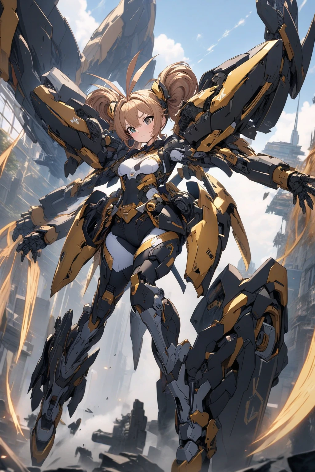1girl, large_mecha_arm, fighting stance, with extremely large robotic hands,scifi, beautiful lighting  (masterpiece) and (best quality) <lora:æ©ç²æè-lottalewdsLargeMecha_v1:0.8>,( mechanical_wings, thrusters),sky,cloudy sky, <lora:æ©æ¢°ç¿è-lottalewdsMechanical_v1:0.8> in flight