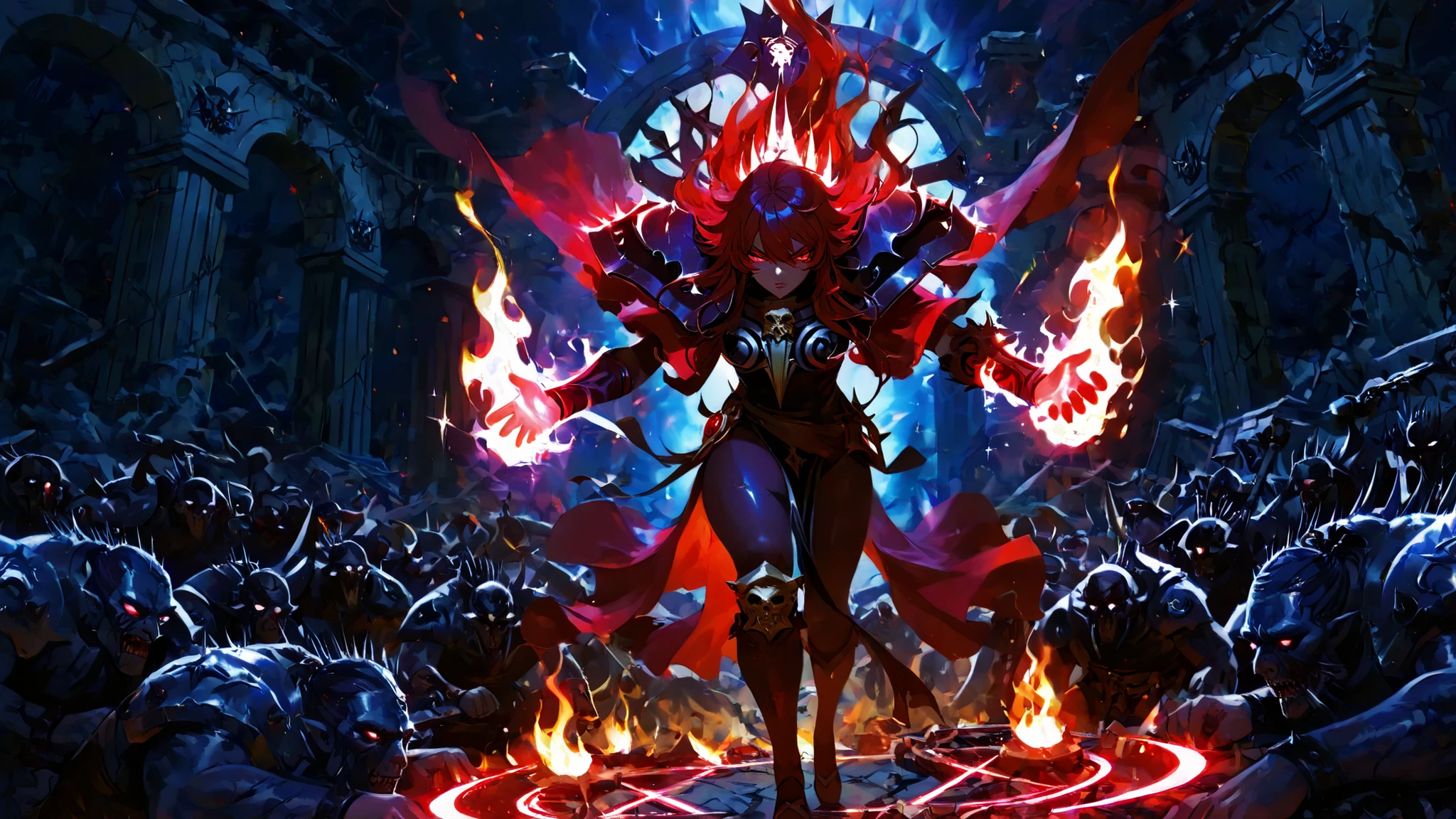 Many monsters, orde of monsters, (magic_circle:1.1),(flames / fire effect:1.1),(sparkles / particles:1.1),(aura / energy aura:1.1),chiaroscuro, painterly lighting, digital painting,ultra-detailed, high detail, best quality, masterpiece, sharp focus, detailed shadows, vivid colors,masterpiece, best quality, 1girl, demoniac-chef, backview, (dynamic pose:1.3), (fierce expression:1.2), wery long long long wavy darkred hair, (glowing-fire red eyes:1.1), dark magic energy warrior genshin impact clothes, , (enormous warhammer:1.4), (magic energy aura:1.2), (ancient ruins:1.1), ((monster horde:1.2)), (dramatic lighting:1.3), (rich contrast:1.2), (night scene:1.1), (epic battle:1.4), detailed background, (cinematic angle:1.1)