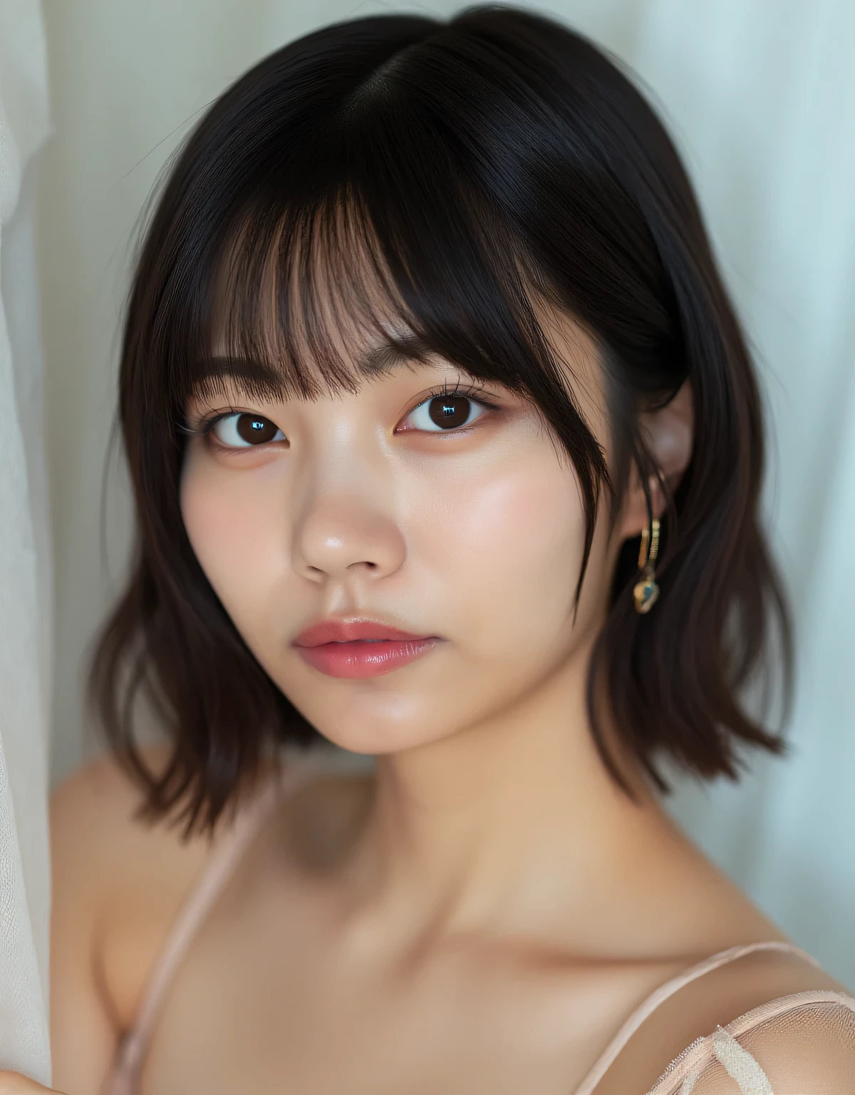 A Japanese idol, cinematic photobook. An element that adds color to the layout style of the photobook. She has fair, smooth skin and ((dark brown short bob, round bangs, hairstyle)), . Underwear, whitening, beautiful skin, slim, gloss, sparkle, shine, moisture, love hotel, pale pink light, condensed milk used on the face