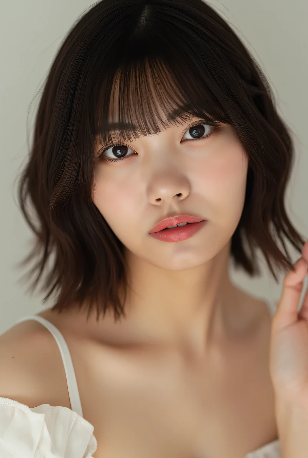 A Japanese idol, cinematic photobook. An element that adds color to the layout style of the photobook. She has fair, smooth skin and ((dark brown short bob, round bangs, hairstyle)), . Underwear, whitening, beautiful skin, slim, gloss, sparkle, shine, moisture, love hotel, pale pink light, condensed milk used on the face