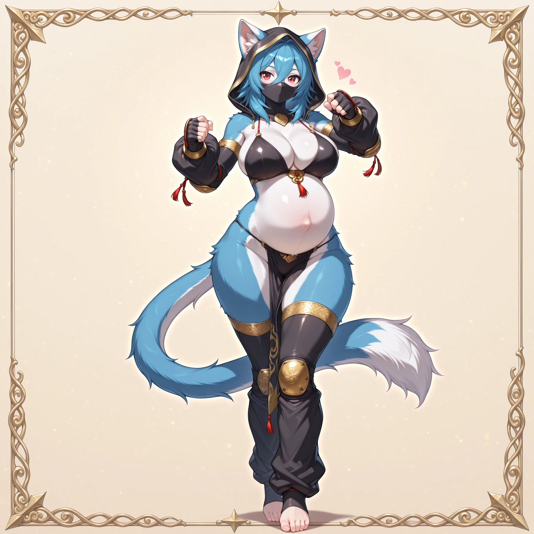 (1girl, solo, wild cat girl, furry, Kemono, Fluffy fur, coloured fur, blue fur, two tone fur, blue hair, medium hair, hair between eyes, red eyes, cleavage, oppai, navel, pregnant, wide hips, capcom, martial fighter dancer, cozy harem outfit, hooded, baggy sleeves, elbow pads, bikini top, ninja mask, fighter bikini panties, pelvic curtain, high thigh socks, toeless socks, knee pads, long leg warmers, oversized leg warmers, barefoot, fingerless gloves, standing, posing, lovely, happy, stylish, graceful, sexy, cute, full body, beautiful environment, gothicstyle, biyōjo, moe, beautiful aesthetic, simple background, masterpiece, best quality)