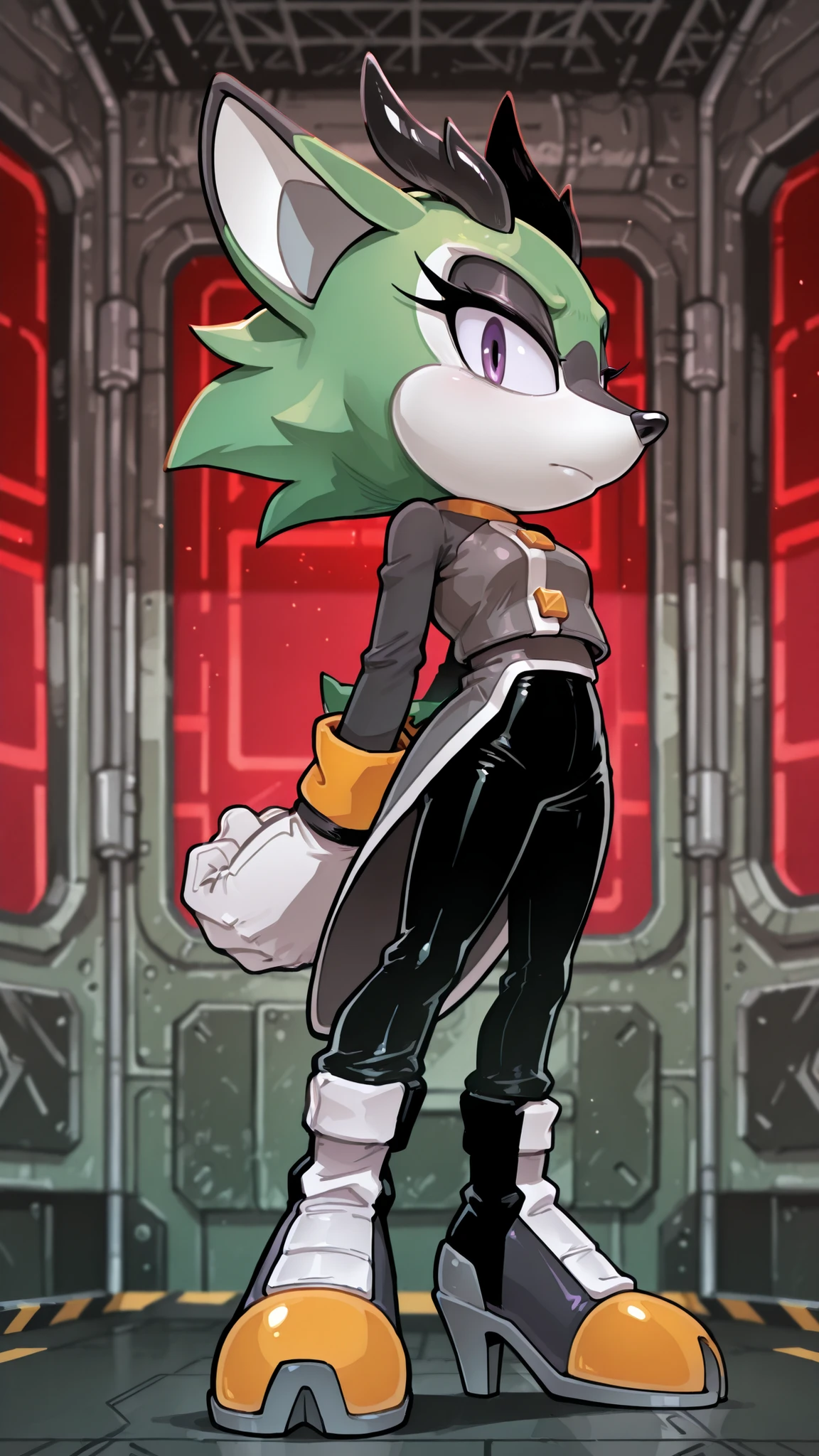 masterpiece, best quality, amazing quality, very aesthetic, high resolution, ultra-detailed, absurdres, newest, scenery, furry, anthro, sonic \(series\), 1girl, solo, furry female, Clove the Pronghorn, green fur, two-tone fur, white skin, black horns, grey coat, tailcoat, raglan sleeves, black pants, hoof heels, gloves, (military base), red lighting, depth of field, detailed fluffy fur, volumetric lighting, full body, standing, hands behind back, serious face, side view, purple eyes, looking at the viewer