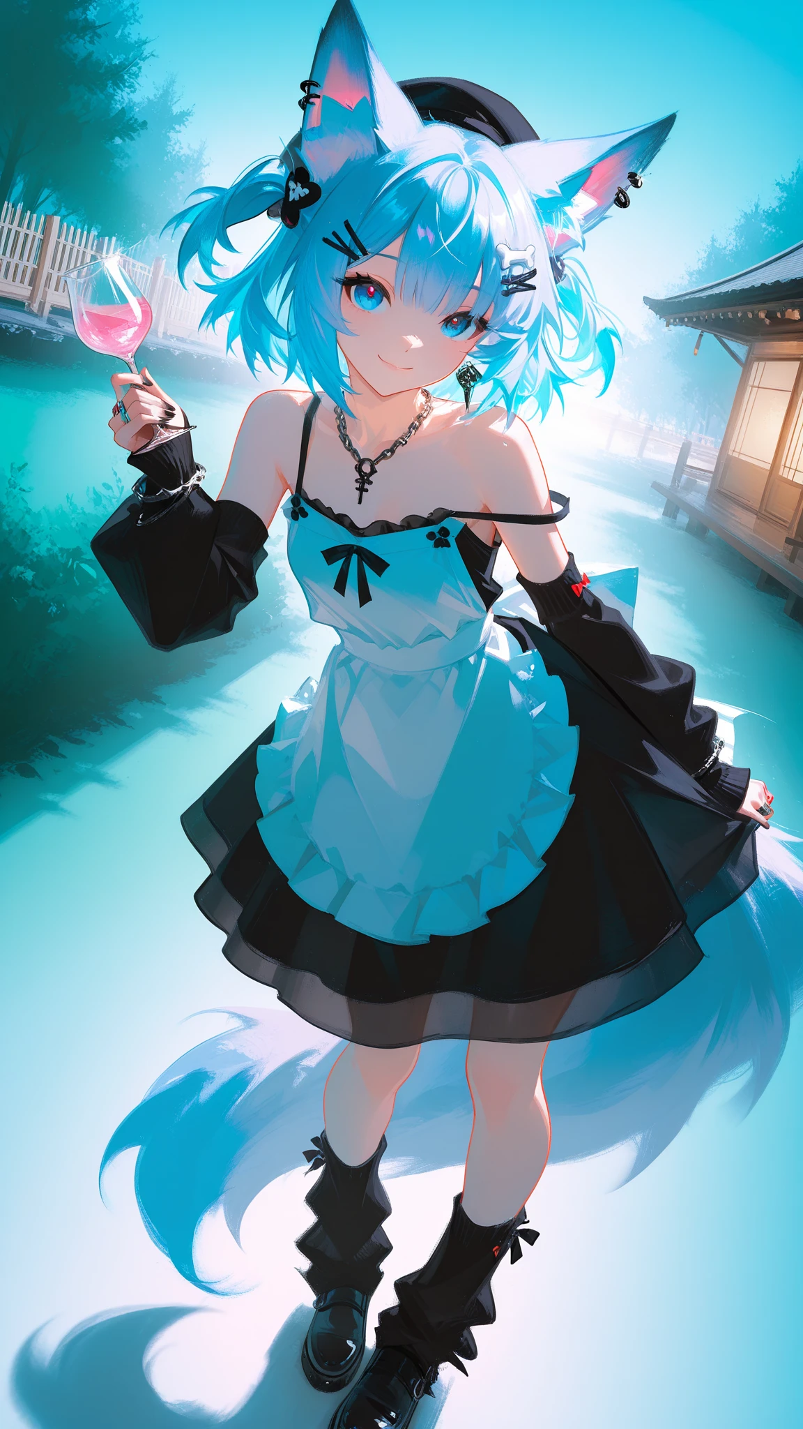 Long head with white hair, cute, red eyes, low cat ears, blushing,  water, making sounds, panting, , white stockings, skirt pulled up, leaking out of the lower body