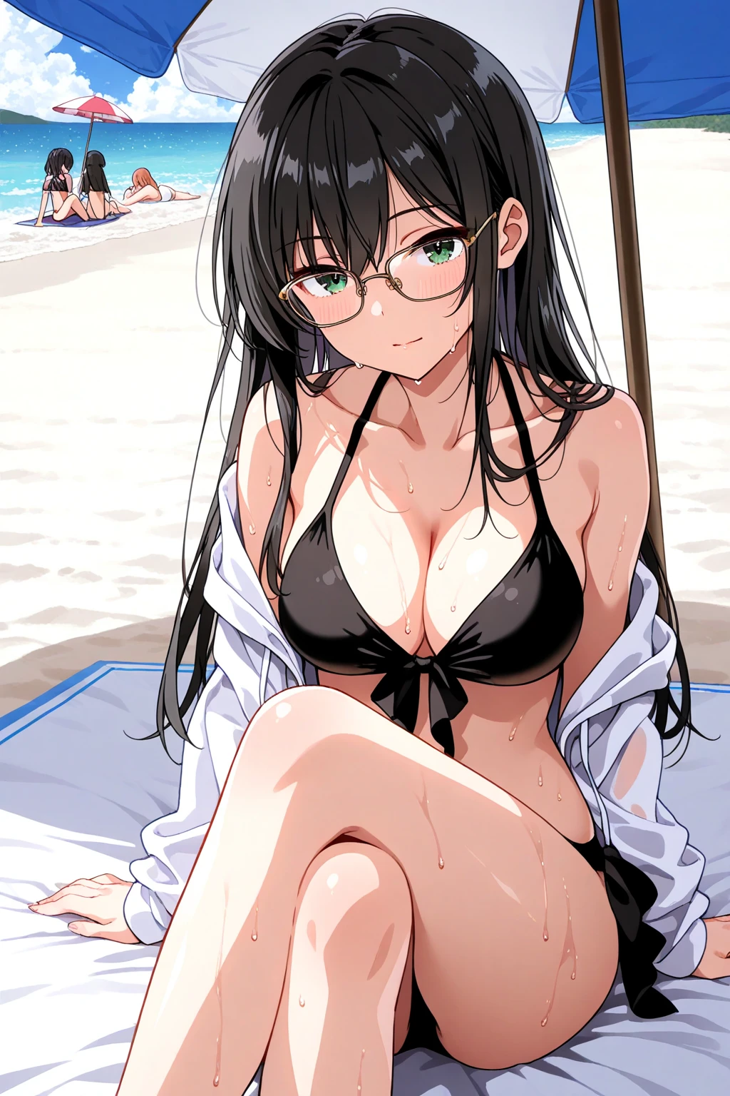 masterpiece, best quality, upper body, minakatahizuru, 1girl, long hair, beautiful, hot, , cat ears, , beach, standing, blush, arms down, beautiful pose, closed mouth