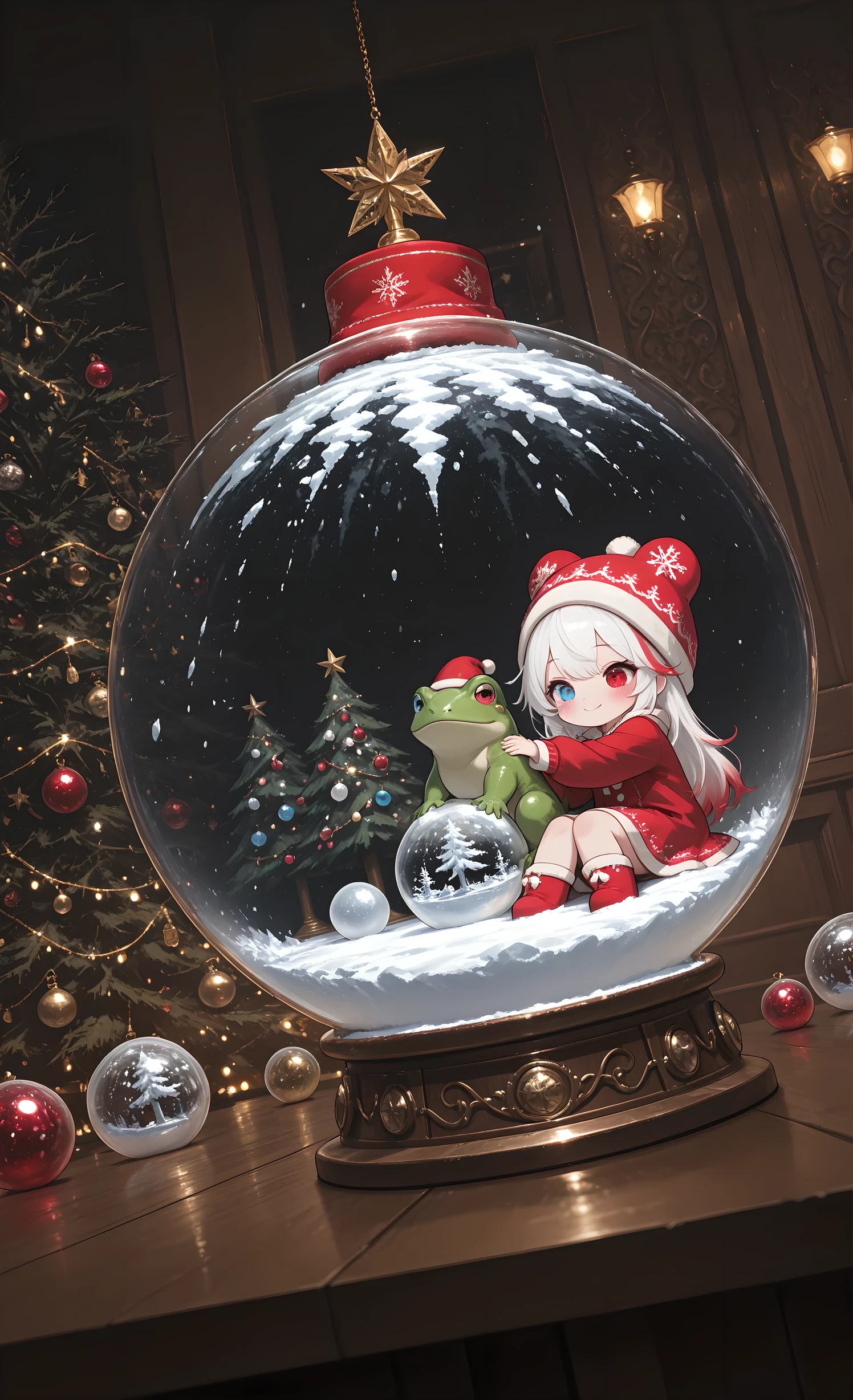 (masterpiece, top quality, over-detailed, absurdism, intricate details, clear focus),
1 girl, solo, Chibi style,
Melis Chibi, snow-white hair with soft gradient red tips, heterochromia, crimson-red right eye: 1.3 and icy blue left eye: 1.3, fair skin, dressed in a gorgeous burgundy velvet mini dress, a huge frog-shaped beanie hat with a pompom resting on her arm, head on her arm, A glass snow globe with a Christmas inscription. Christmas tree inside, sitting next to it, Christmas decorations on the table, smile, from behind the table, darkness, glass snow ball standing on the table, focus on the snow ball, from below, Christmas decorations, close-up, Dutch angle, muted colors, cinematic shot, sitting in the ball, cinematic shot, sweet, smiling, blushing