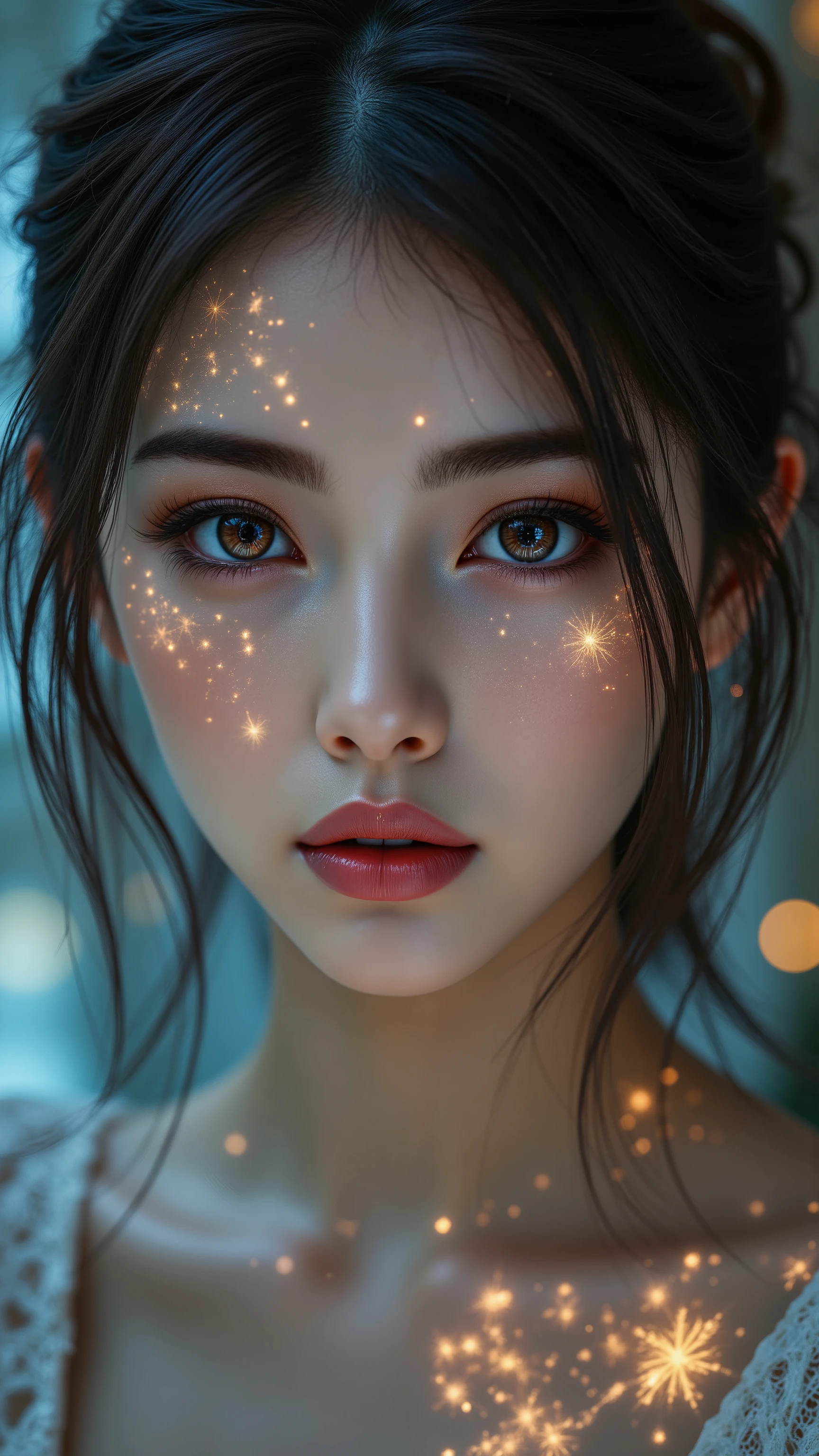 [Style: "masterpiece, realistic (photorealistic Realism), ultra-detailed, Ultra high resolution"](Key Directive: - ("The priority is the anatomical accuracy and texture of the materials" - "Ultra-sharp human eyes with biological accuracy") {hyper realistic and detailed face,"Eyes: (acid-resistant terminology) (macro-details:1 . 3): * Moist corneal surface (visible aqueous layer:1 . 2) * Ultra-detailed iris stroma orange (with gold flecks) * Precise limbal ring (slightly darker pigmentation:1 . 22) - "Lashes: (blue individual synthetic fibers (crosshatched roots:1 . 4 , clump-free separation)") (Post-Processing: - "Frequency separation for skin vs eye details" - "Selective sharpening: eyes200% , hair80%" - "Denoise: luminance20 , color35 (retain corneal speculars)") (Avoid: "pupil distortion , uncanny valley asymmetry , plastic-like wetness") ((perfect dark eyeshadows:1.5)),(apply glossy black lipstick:1.22), (skinny body build),(perfect hot model body:1.4),  An exquisite blend of a portrait of a woman in a beautiful dress and a medieval night scene. ((A complex high-resolution double exposure of twinkling stars inside a beautiful dress, creating a fantastic image with a starry sky as a backdrop)) [The vivid colors of a dream, holding jewels against a medieval sky full of colorful stars]. (Rendering engine: "Unreal Engine 5 path tracing, 16K texture maps") | The ultra-Highres,Unreal 5,Subsurface scattering,PBR Texturing,Post-Processing,Anisotropic Filtering,depth of fields,Maximum Sharpness and Sharpness,Precise simulation of light-material interactions,perfectly proportions,Octane rendering, Wide Aperture, low ISO, white balance, The rule of thirds.