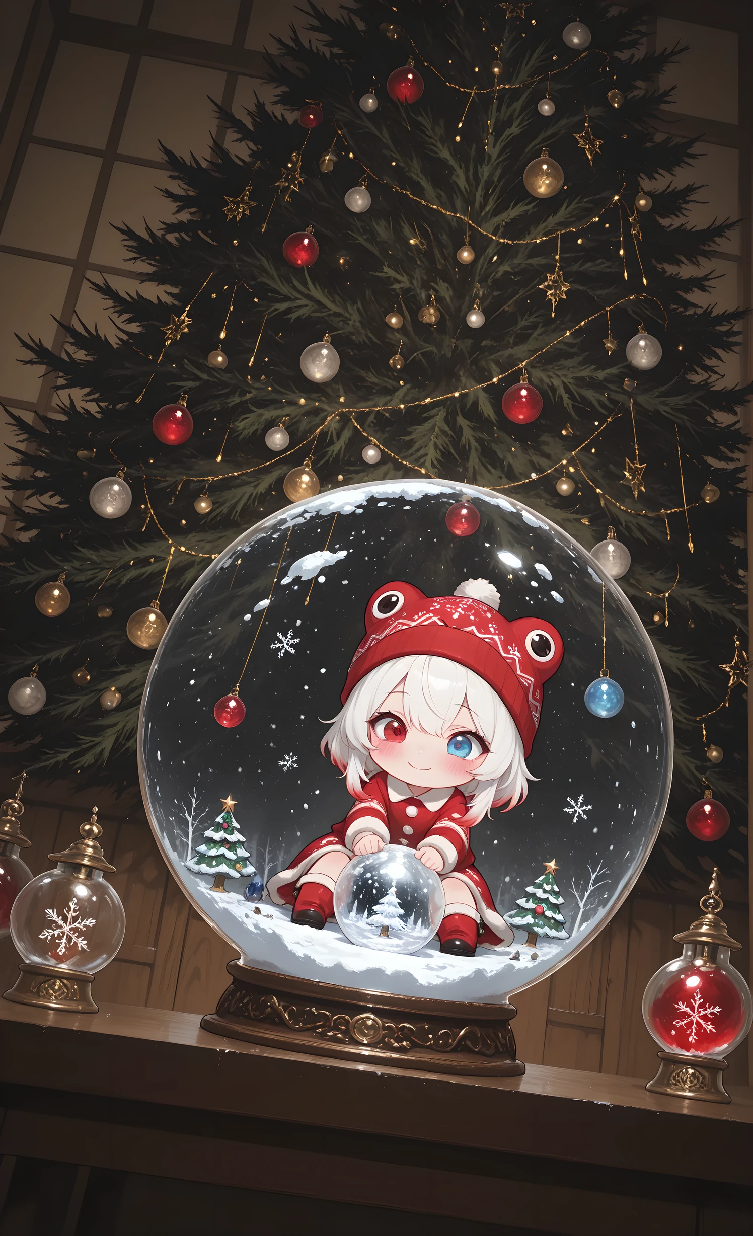 (masterpiece, top quality, over-detailed, absurdism, intricate details, clear focus),
1 girl, solo, Chibi style,
Melis Chibi, snow-white hair with soft gradient red tips, heterochromia, crimson-red right eye: 1.3 and icy blue left eye: 1.3, fair skin, dressed in a gorgeous burgundy velvet mini dress, a huge frog-shaped beanie hat with a pompom resting on her arm, head on her arm, A glass snow globe with a Christmas inscription. Christmas tree inside, sitting next to it, Christmas decorations on the table, smile, from behind the table, darkness, glass snow ball standing on the table, focus on the snow ball, from below, Christmas decorations, close-up, Dutch angle, muted colors, cinematic shot, sitting in the ball, cinematic shot, sweet, smiling, blushing