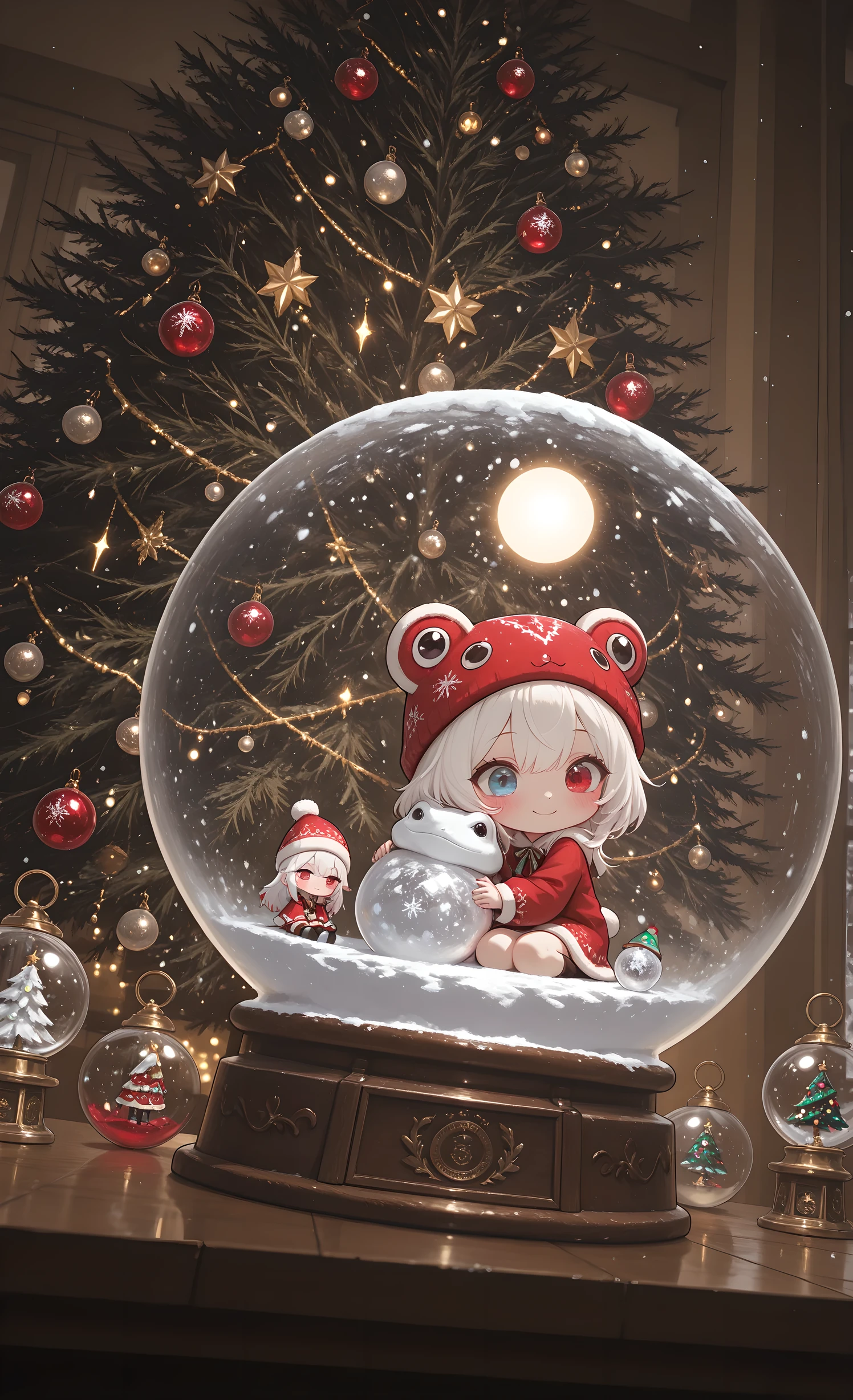(masterpiece, top quality, over-detailed, absurdism, intricate details, clear focus),
1 girl, solo, Chibi style,
Melis Chibi, snow-white hair with soft gradient red tips, heterochromia, crimson-red right eye: 1.3 and icy blue left eye: 1.3, fair skin, dressed in a gorgeous burgundy velvet mini dress, a huge frog-shaped beanie hat with a pompom resting on her arm, head on her arm, A glass snow globe with a Christmas inscription. Christmas tree inside, sitting next to it, Christmas decorations on the table, smile, from behind the table, darkness, glass snow ball standing on the table, focus on the snow ball, from below, Christmas decorations, close-up, Dutch angle, muted colors, cinematic shot, sitting in the ball, cinematic shot, sweet, smiling, blushing