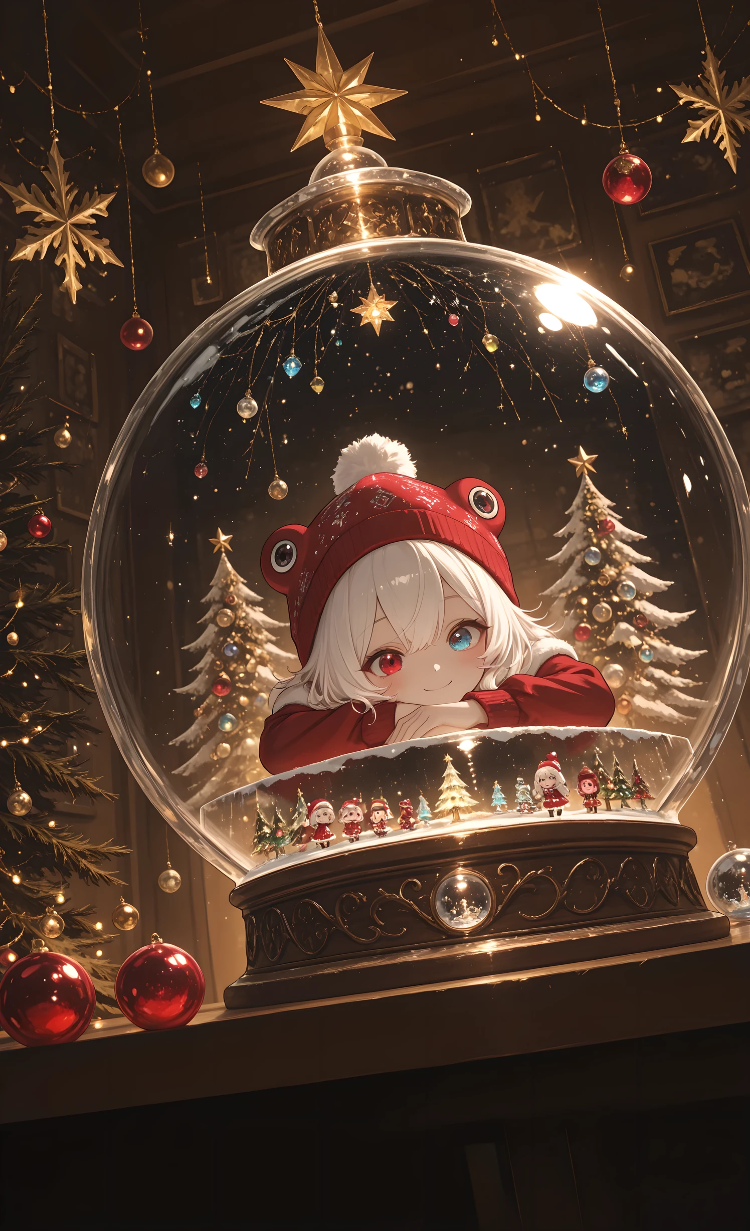 (masterpiece, best quality, ultra-detailed, absurdres, intricate details, sharp focus),
1girl, solo, Chibi style,
Melys Chibi, pure white hair with soft gradient red tips, heterochromia crimson red right eye:1.3 and ice blue left eye:1.3, fair skin, wearing a chic velvet burgundy mini dress, an oversized frog-shaped beanie hat with a pompom lying on arm, head on hand, glass snowglobe with christmas tree inside, lying next to, christmas ornaments on table, smile, from behind table, darkness, glass snowglobe standing on table, focus on snowglobe, from below, christmas decorations, close-up, dutch angle, muted colors, cinematic shot, upper body, no legs, lying, cinematic shot, cute, smile, blush