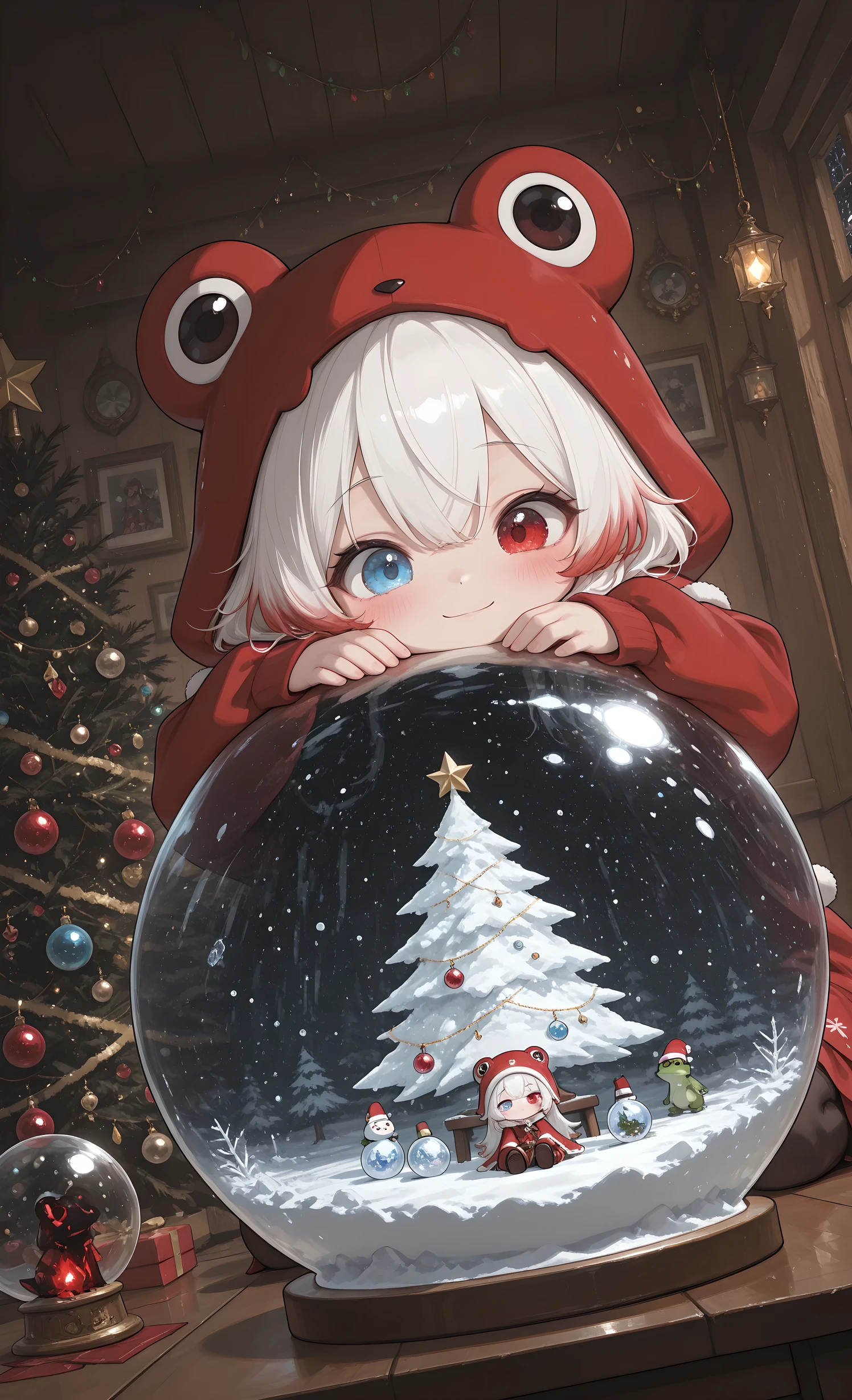 (masterpiece, top quality, over-detailed, absurdism, intricate details, clear focus),
1 girl, solo, Chibi style,
Melis Chibi, snow-white hair with soft gradient red tips, heterochromia, crimson-red right eye: 1.3 and icy blue left eye: 1.3, fair skin, dressed in a gorgeous burgundy velvet mini dress, a huge frog-shaped beanie hat with a pompom resting on her arm, head on her arm, A glass snow globe with a Christmas inscription. Christmas tree inside, sitting next to it, Christmas decorations on the table, smile, from behind the table, darkness, glass snow ball standing on the table, focus on the snow ball, from below, Christmas decorations, close-up, Dutch angle, muted colors, cinematic shot, sitting in the ball, cinematic shot, sweet, smiling, blushing