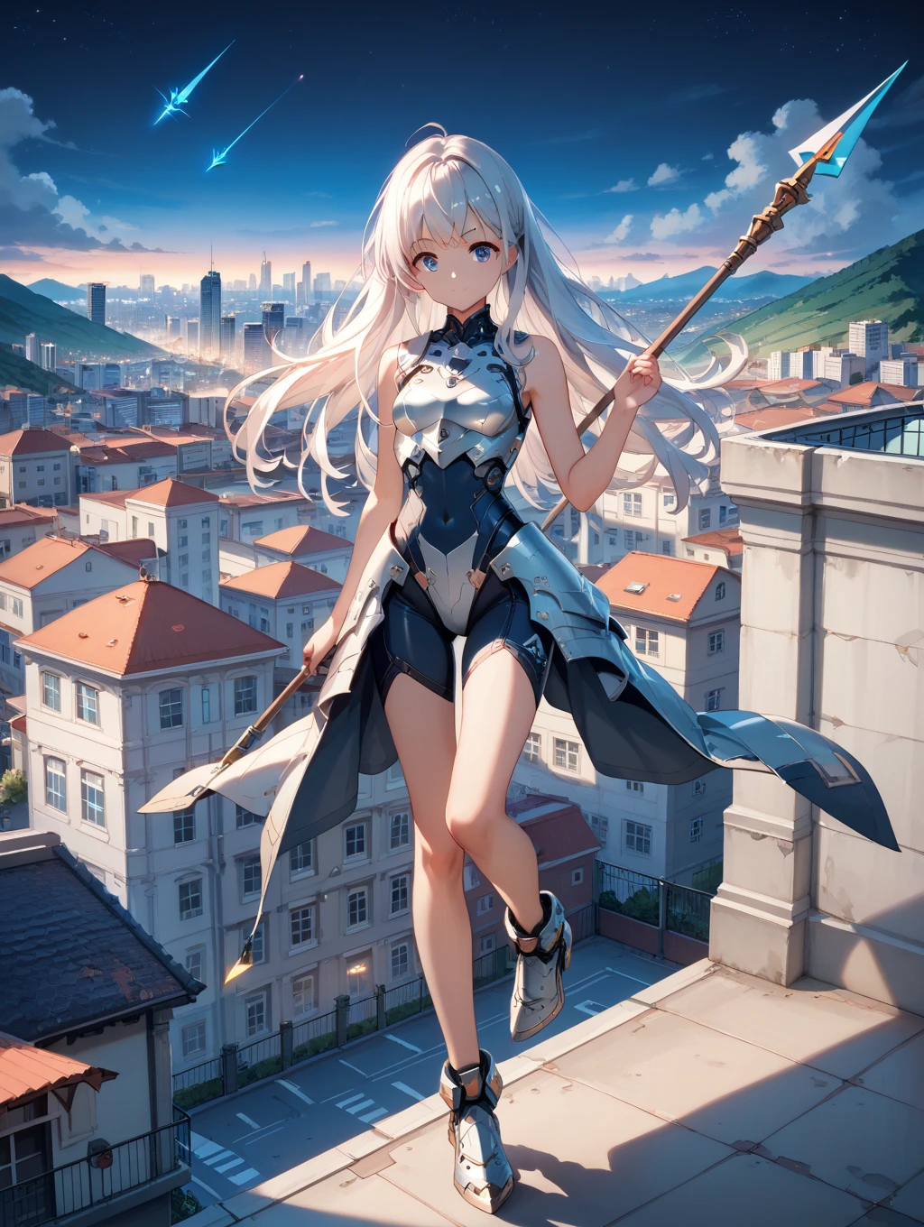 (masterpiece, best quality:1.2), 
1girl,Vladilena,lenaface,white thighhighs, garter straps, blue eyes, breasts, looking at viewer, white hair,outdoors, boots, military, blue jacket, cloud, medium breasts, long sleeves, jacket, military uniform,antenna hair, hair between eyes, creepy smile, looking at viewer, portrait, ahoge, yandere expression, bangs, white hair.