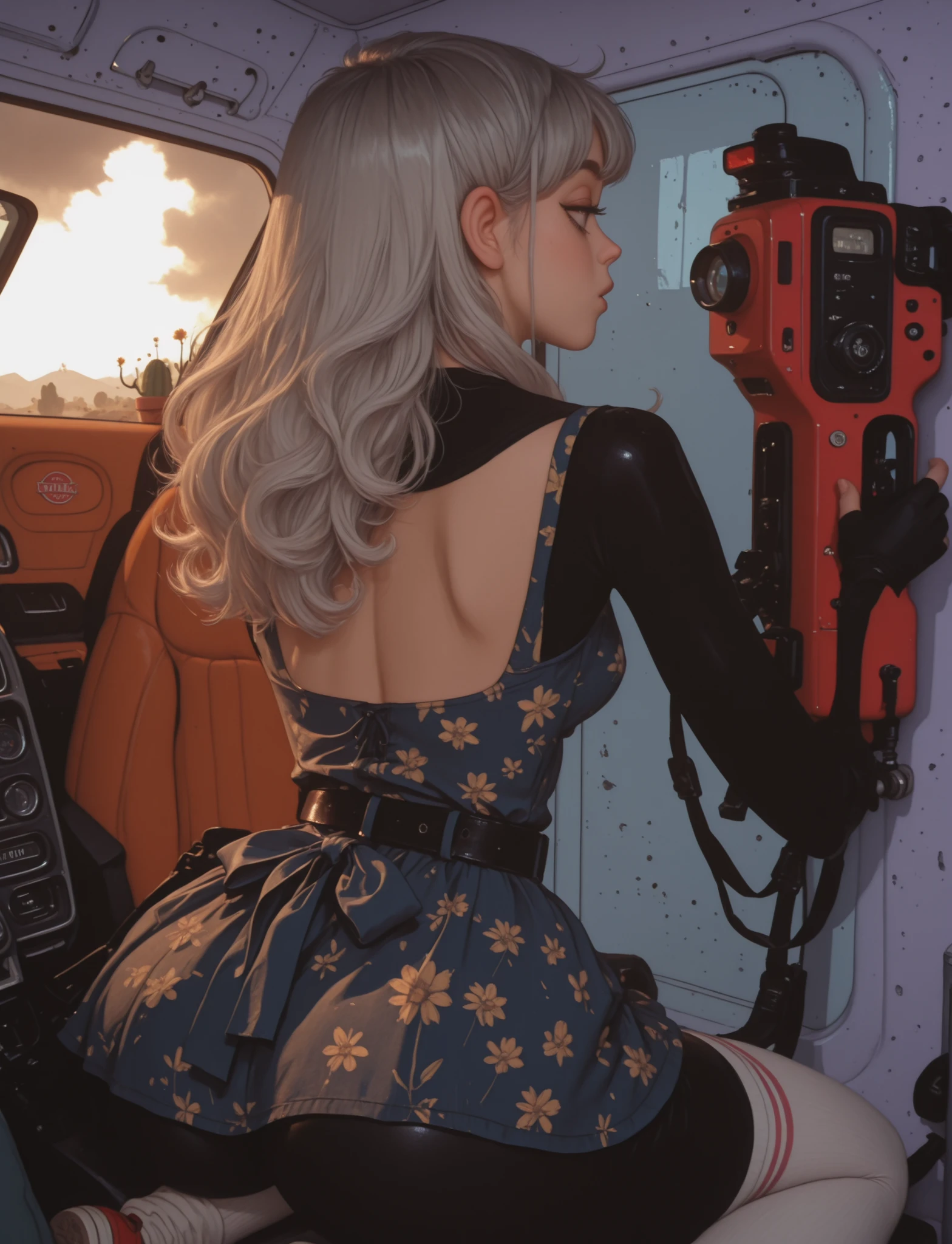 by tsukushi Akihito, artist:MoriiMee, view showing off her nice This is a sensual, full-body outdoor featuring a fit supermodel in a casual and pose, supported by a modified, rustic American vintage van. She has light black hair styled with a large bow. She wears a short blue mini dress with floral print and white sleeves. The dress features a square neckline, Buena Cleveance, and a dark blue ribbon belt around her waist, white knee-length socks. she looks directly at the camera. The van is raised, equipped with massive off-road tires, and features a two-tone rusty paint (Red taxi and faded black body) with a racing sticker on the side, against dusty outdoor terrain under bright daylight. cactus with blooming flowers, big clouds in the sky dyed orange, purple, rosa, yellow and blue