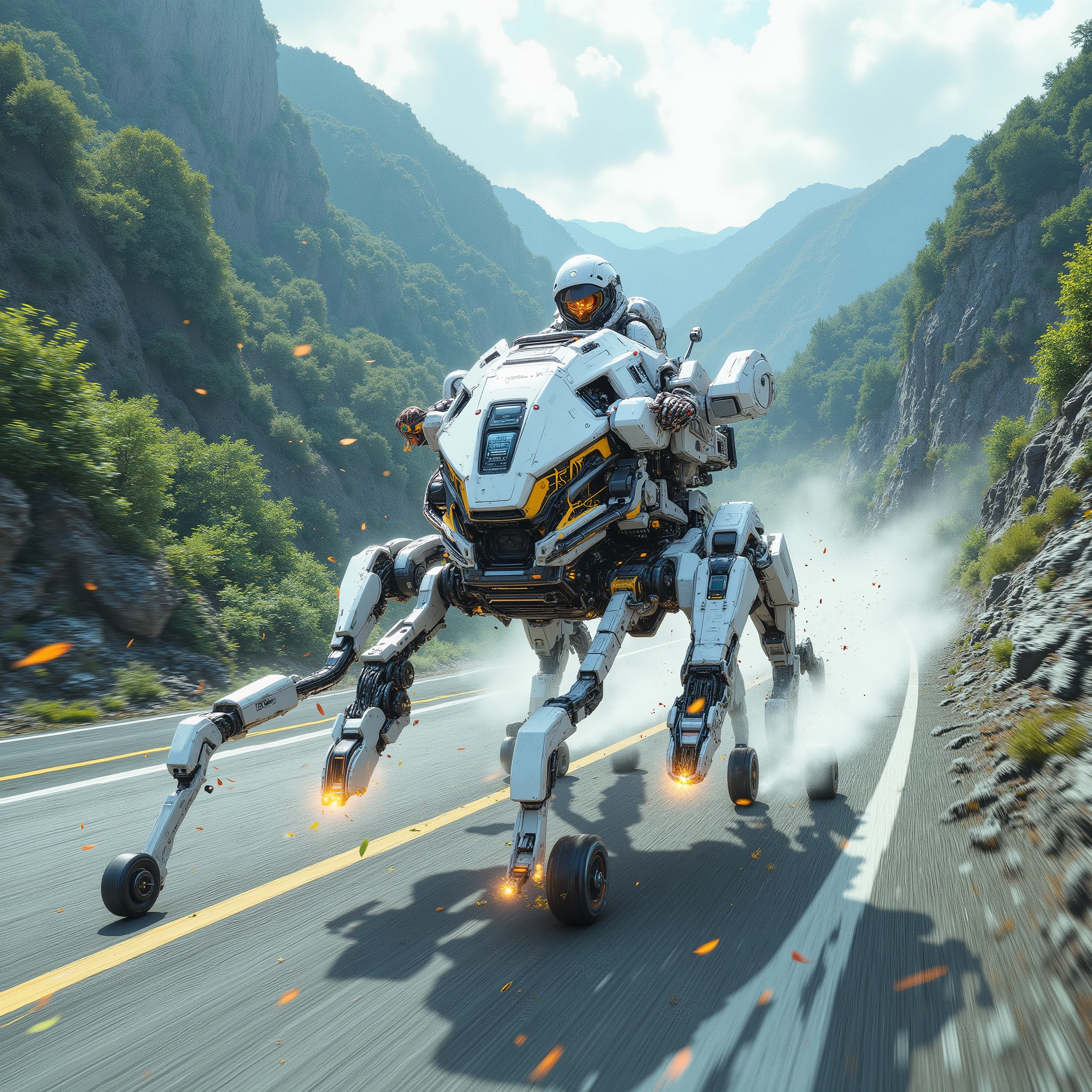 (masterpiece), (best quality), (illustration), (highly detailed), (concept art style),

A cinematic sci-fi illustration set in a near-future Japanese mountain region.
From a slightly angled bird’s-eye perspective — high above the scene but tilted forward rather than directly overhead — the viewer looks down at a paved mountain road cutting through dense forest, rocky slopes, and layered greenery under a cloudy sky.

On the road below, a multi-legged robot charges forward at high speed,
each leg ending in a compact, gyroscopically stabilized wheel instead of a foot.
The robot propels itself by a combination of rapid leg articulation and high-speed wheel rotation, producing a distinctive hybrid running–rolling motion.
Its mechanical limbs move with sharp, coordinated precision.

The angled viewpoint captures the curvature of the mountain road and the robot’s dynamic forward momentum.

An exposed pilot seat sits on top of the machine, where a rider wearing protective goggles leans with the motion, gripping the controls as wind rushes past.

Thin trails of wheel spray, scattered leaves kicked up by the rolling legs, and subtle motion blur along the wheel hubs and limbs enhance the sense of rapid movement and intense momentum.

The angled aerial view emphasizes both the sweeping natural landscape and the energetic path of the speeding robot along the mountain road.