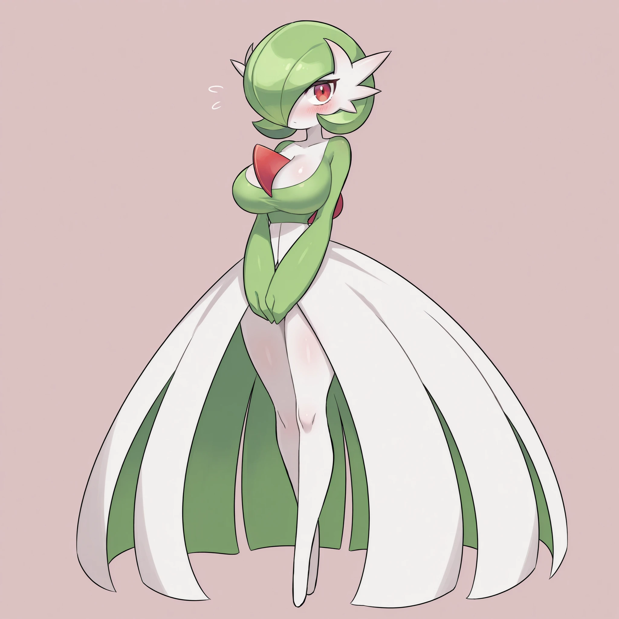 quality, very aesthetic, 8K, best quality, beautiful, ultra-high resolution, 32K UHD, sharp focus, 1woman, solo, Gardevoir, pokemon (creature), green hair, short hair, red eyes, white skin, white dress, green sleeves, slim, huge breasts, narrow waist, wide hips, thick thighs, shapely legs, blush, shy, cute, hands on lap, standing, full body, looking at viewer, simple background, front view