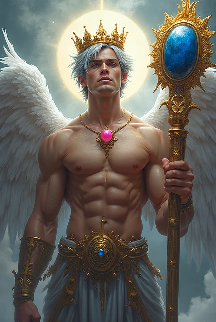 Almost realistic image, void place, all black around, 19 years old man with long goden hair golden eyes white skin, man holding a great prism with both hands, prism man is holding have white color, behind the man 8 all black humanoid figures, behind the 8 all black humanoid figures a humanoid white figure with a long all white staff in one hand.