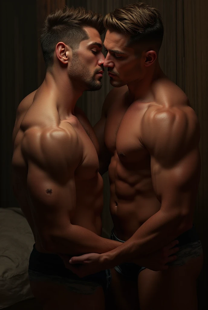 Pehlwan man Indian Gurjar gay couple wetty mouth to mouth tounge to tounge kissing and sucking lower lip, bitting lower lip during kissing saliva dripping from mouth with big shinning eyes big lips wide jawline beautiful hunk face spiky black hairstyle, seductive kissing in gym during sweat running from body