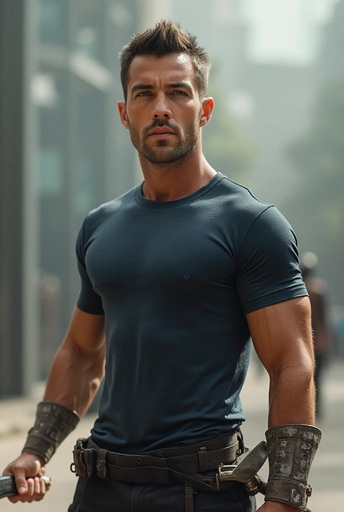 1boy, Mexican, solo,  hair,34 yrs old, fitness trainer, male focus,  , pectorals, bara, muscular, mature male, muscular male, abs, beard, ring , garter and suspenders, short hair, navel, stomach, large pectorals, thick eyebrows,  pectorals, dark-skinned male, , thighs,  under clothes, fancy suit, dark skin, tie, tight shirt, jacket, tight pants, grey business suit, pectoral cleavage, cowboy shot, cop agent uniform, feet out of frame, thick thighs, looking at viewer, masterpiece, 4k, high quality, highres, absurdres,