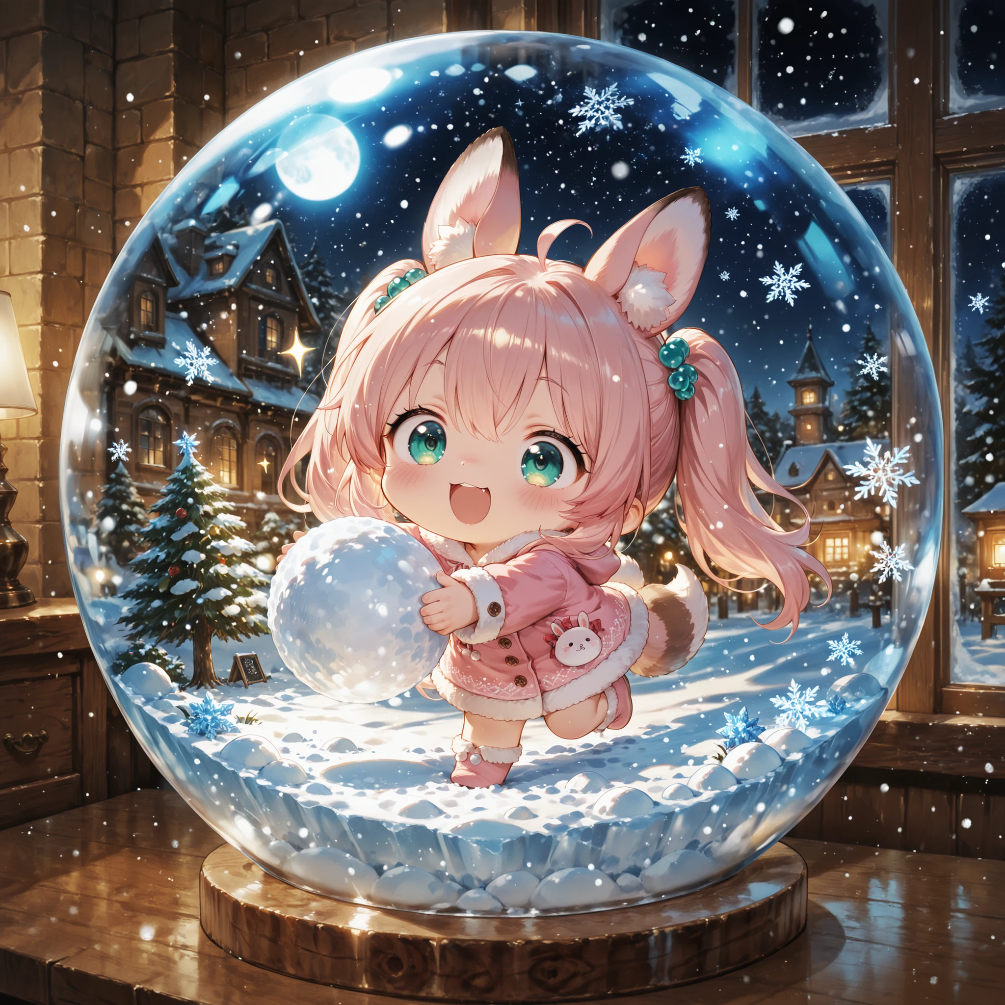 masterpiece, best quality, ultra detailed。pastel watercolor style、in a snow globe with soft brush strokes、Little Beast girls with rabbit ears and raccoon dog ears have a snowball fight。warm window light with a small cityscape、soft diffuse light、pale pink and mint shades。Snow flakes sparkle、gentle highlights on the glass surface。little character、Easy view of the world、Cute accessories。(2 people:1.4)。Cute,TheDeail,mesugaki,