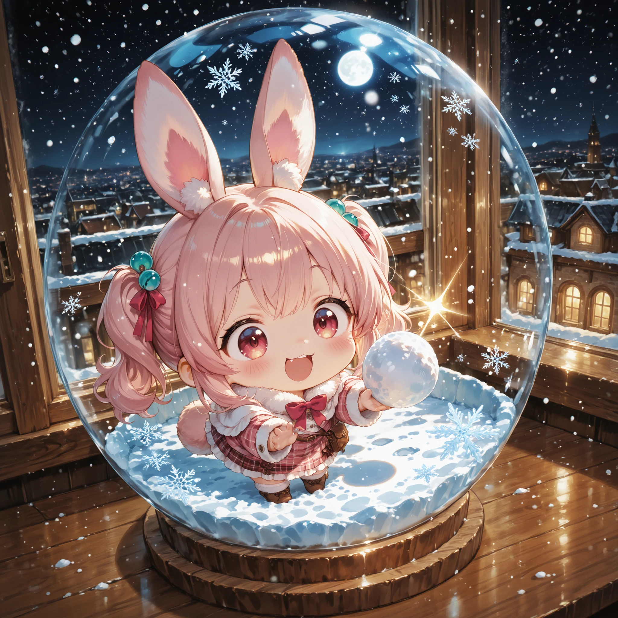 masterpiece, best quality, ultra detailed。pastel watercolor style、in a snow globe with soft brush strokes、Little Beast girls with rabbit ears and raccoon dog ears have a snowball fight。warm window light with a small cityscape、soft diffuse light、pale pink and mint shades。Snow flakes sparkle、gentle highlights on the glass surface。little character、Easy view of the world、Cute accessories。(2 people:1.4)。Cute,TheDeail,mesugaki,