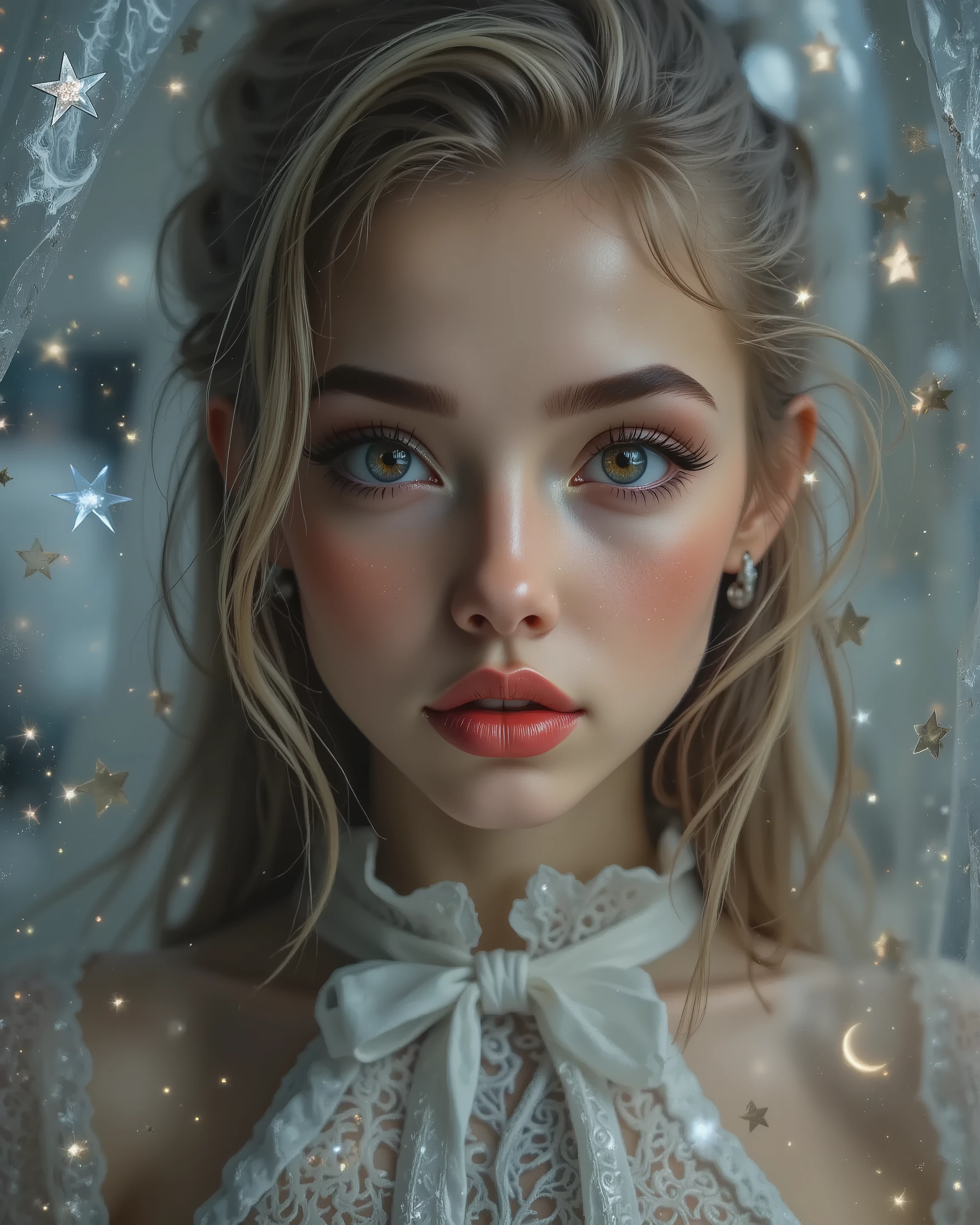 [Style: "masterpiece, realistic (photorealistic Realism), ultra-detailed, Ultra high resolution"](Key Directive: - ("The priority is the anatomical accuracy and texture of the materials" - "Ultra-sharp human eyes with biological accuracy") {hyper realistic and detailed face,"Eyes: (acid-resistant terminology) (macro-details:1 . 5): * Moist corneal surface (visible aqueous layer:1 . 2) * Ultra-detailed iris stroma brown (with gold flecks) * Precise limbal ring (slightly darker pigmentation:1 . 22) - "Lashes: blue individual synthetic fibers (crosshatched roots:1 . 2 , clump-free separation)" (Post-Processing: - "Frequency separation for skin vs eye details" - "Selective sharpening: eyes200% , hair80%" - "Denoise: luminance20 , color35 (retain corneal speculars)") (Avoid: "pupil distortion , uncanny valley asymmetry , plastic-like wetness") ((perfect dark_eyeshadows:1.3)),(apply glossy red lipstick:1.22), (Beautiful long legs in good style:1.35), ((no bra, no panties:1.3)), (medium butt), (skinny body build),(perfect hot model body:1.4), ((slim belly: 1.2)),  An exquisite blend of a portrait of a woman in a beautiful dress and a medieval night scene. ((A complex high-resolution double exposure of twinkling stars inside a beautiful dress, creating a fantastic image with a starry sky as a backdrop)) [The vivid colors of a dream, holding jewels against a medieval sky full of colorful stars]. (Rendering engine: "Unreal Engine 5 path tracing, 16K texture maps") | The ultra-Highres,Unreal 5,Subsurface scattering,PBR Texturing,Post-Processing,Anisotropic Filtering,depth of fields,Maximum Sharpness and Sharpness,Precise simulation of light-material interactions,perfectly proportions,Octane rendering, Wide Aperture, low ISO, white balance, The rule of thirds.
