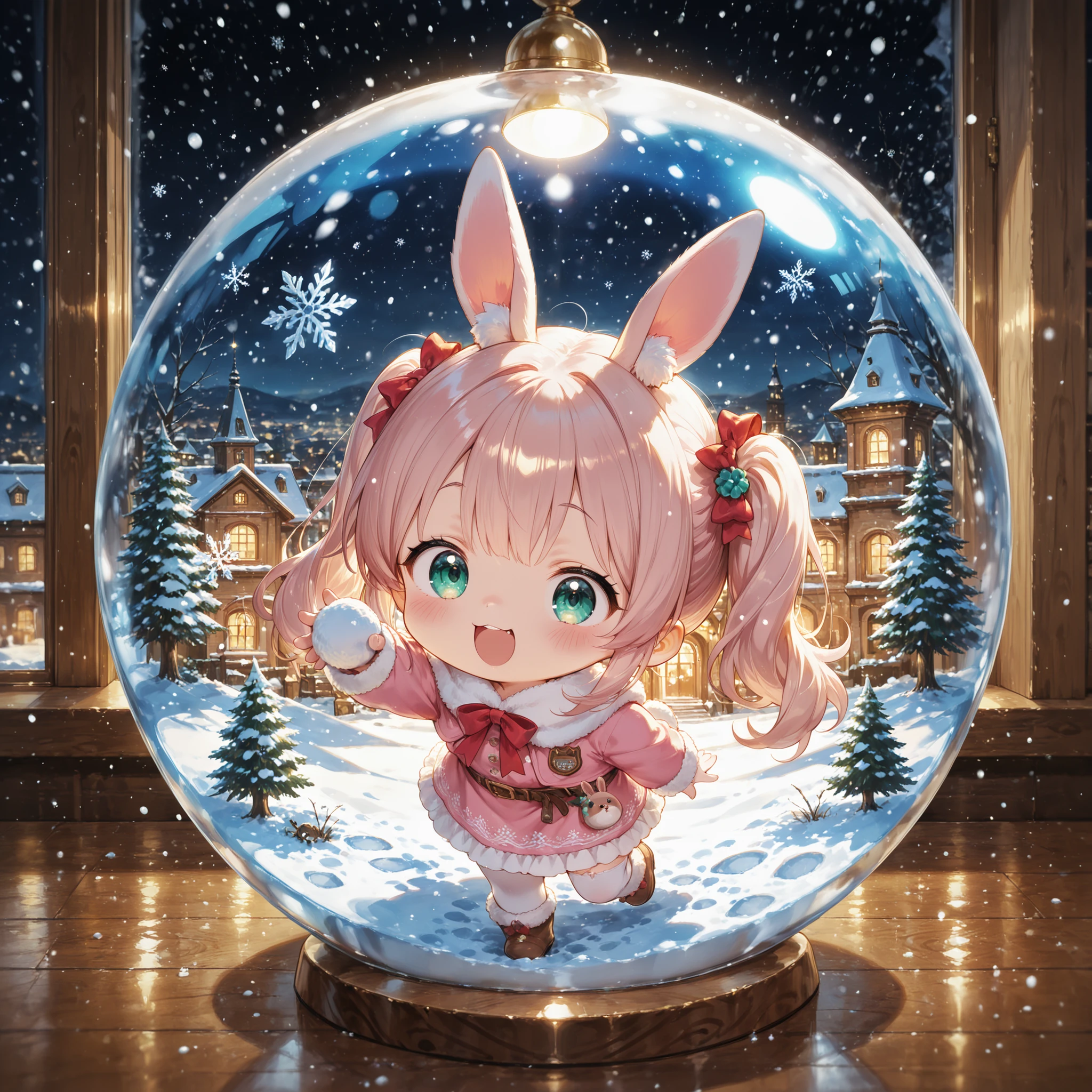 masterpiece, best quality, ultra detailed。pastel watercolor style、in a snow globe with soft brush strokes、Little Beast girls with rabbit ears and raccoon dog ears have a snowball fight。warm window light with a small cityscape、soft diffuse light、pale pink and mint shades。Snow flakes sparkle、gentle highlights on the glass surface。little character、Easy view of the world、Cute accessories。Cute,TheDeail,mesugaki,