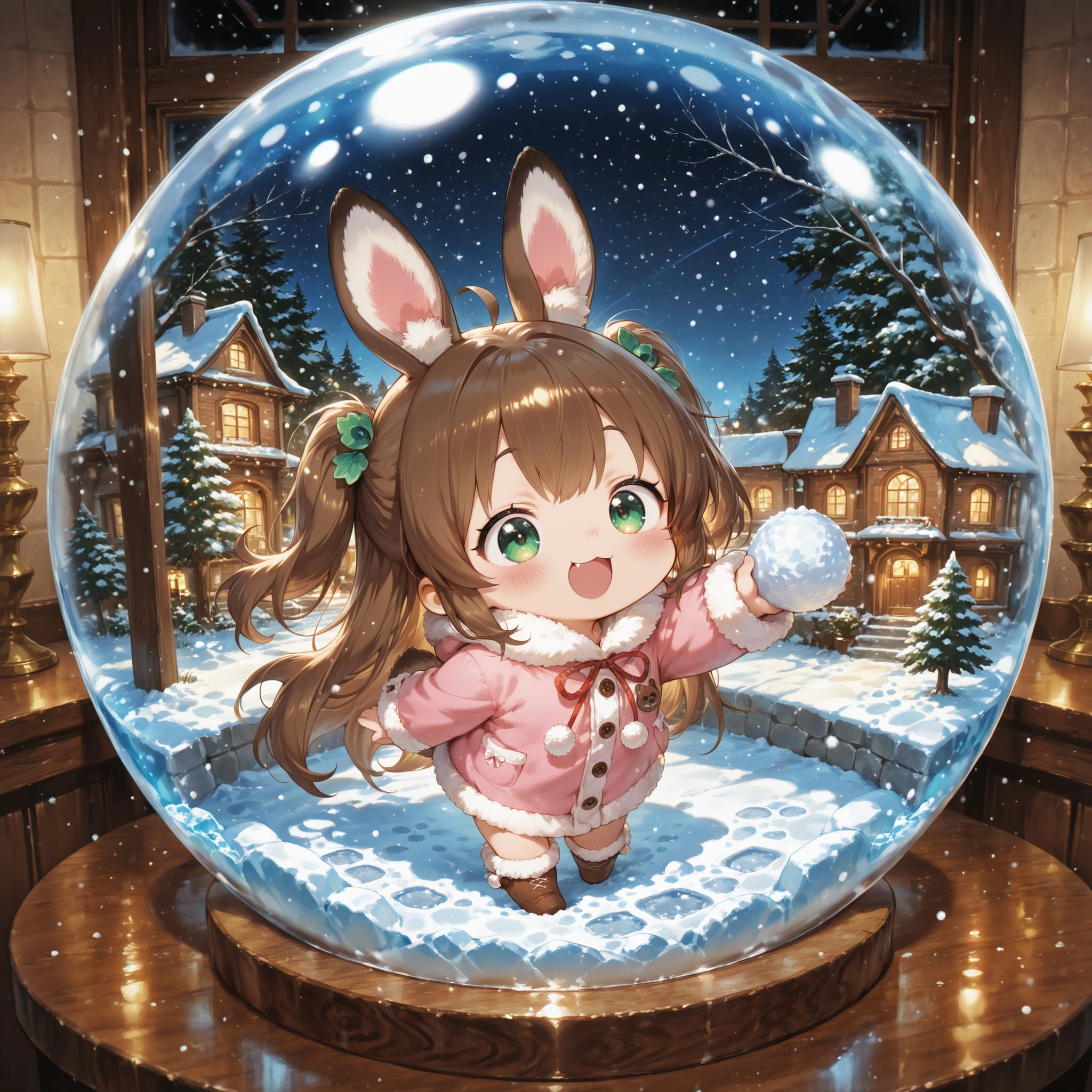 masterpiece, best quality, ultra detailed。pastel watercolor style、in a snow globe with soft brush strokes、Little Beast girls with rabbit ears and raccoon dog ears have a snowball fight。warm window light with a small cityscape、soft diffuse light、pale pink and mint shades。Snow flakes sparkle、gentle highlights on the glass surface。little character、Easy view of the world、Cute accessories。Cute,TheDeail,mesugaki,