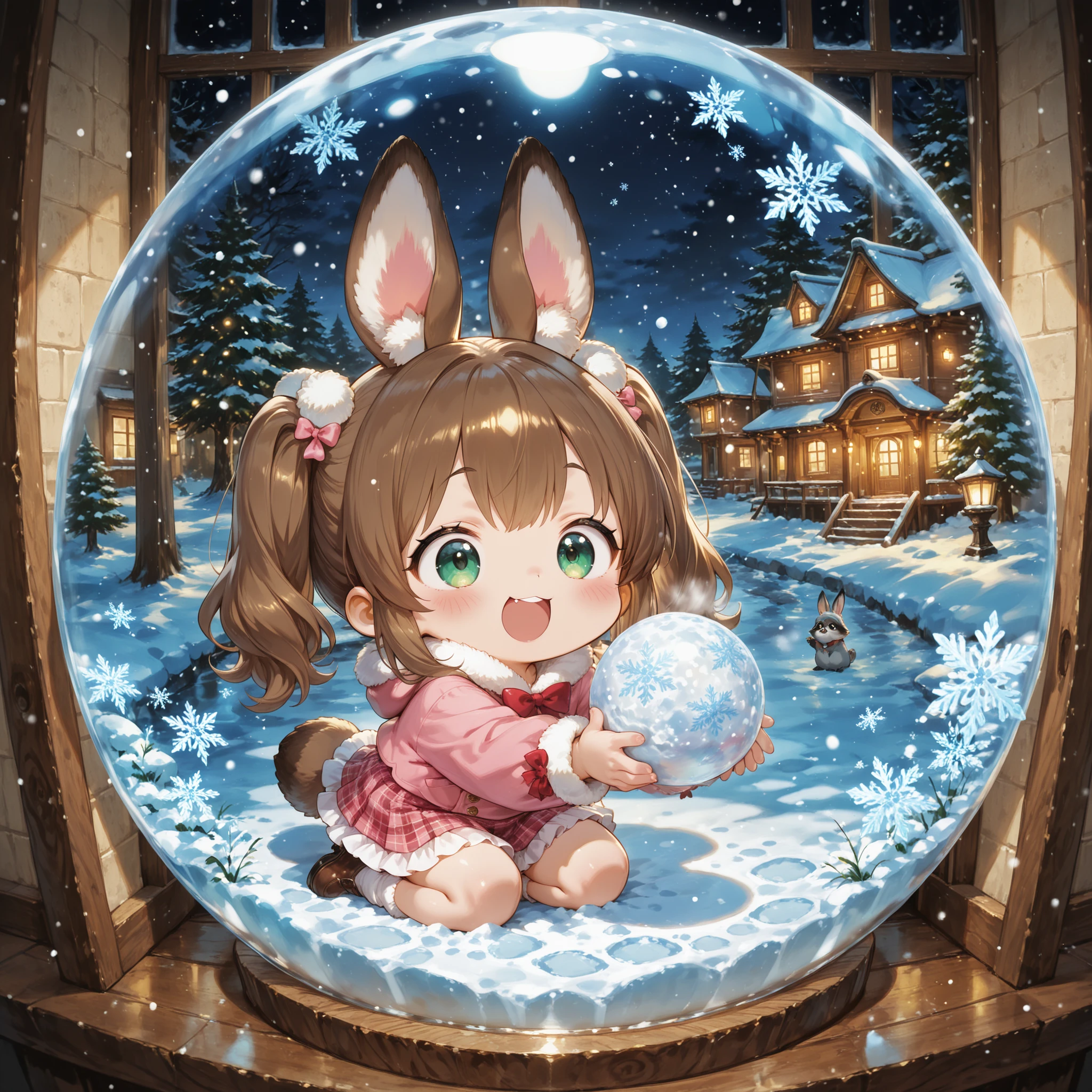 masterpiece, best quality, ultra detailed。pastel watercolor style、in a snow globe with soft brush strokes、Little Beast girls with rabbit ears and raccoon dog ears have a snowball fight。warm window light with a small cityscape、soft diffuse light、pale pink and mint shades。Snow flakes sparkle、gentle highlights on the glass surface。little character、Easy view of the world、Cute accessories。Cute,TheDeail,mesugaki,