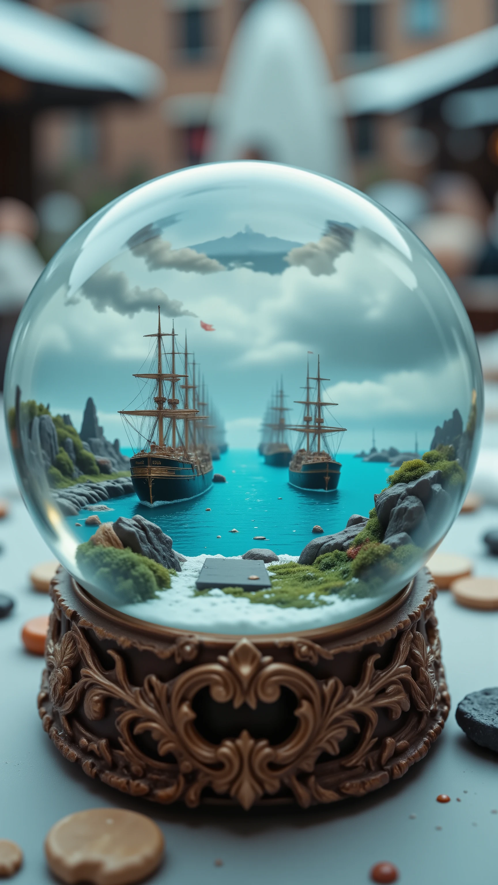 highdefinition picture、Clear snow globe、the ocean spreads out and steamships are anchored