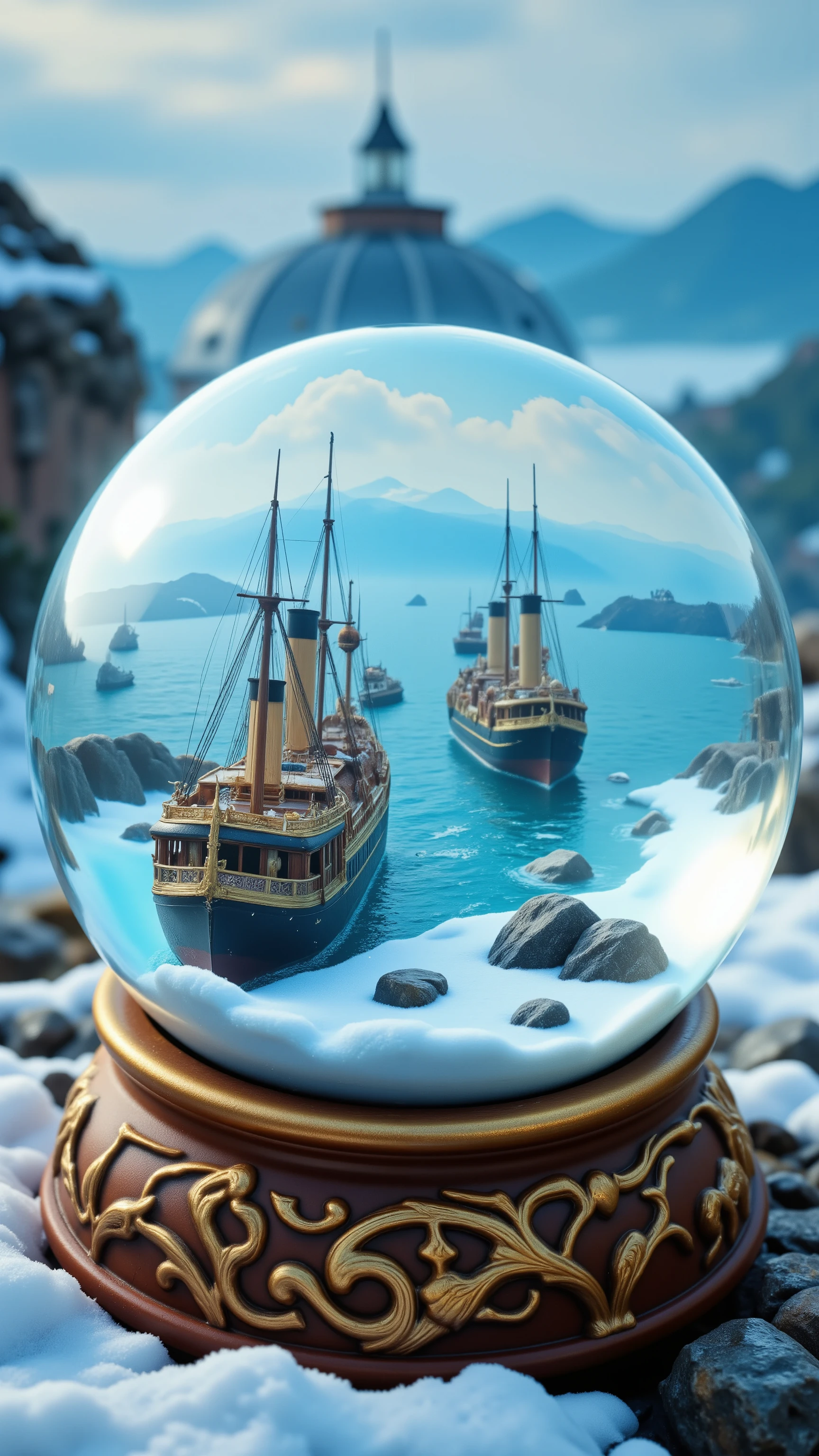 highdefinition picture、Clear snow globe、the ocean spreads out and steamships are anchored