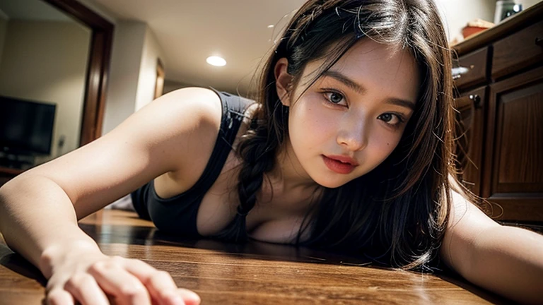 Highest Quality, Super A-high-resolution, やHighest quality, super A high resolution, slightly hard ???????, upward ???????, ?????, realism 1.4, lying down, ???????????, ???, stiletto heels, flash, open arms, 8K resolution, girl, (brown hair: 1.3), natural wave perm , narrow waist, (Korean woman: 1.2), (real eyes: 1.2), (good looks: 1.3), slim slender body, full body sweat, cleavage, (tongue) outside/open mouth: 1.2), Pleasant face, dark room, dark light, close-up from below, overall view