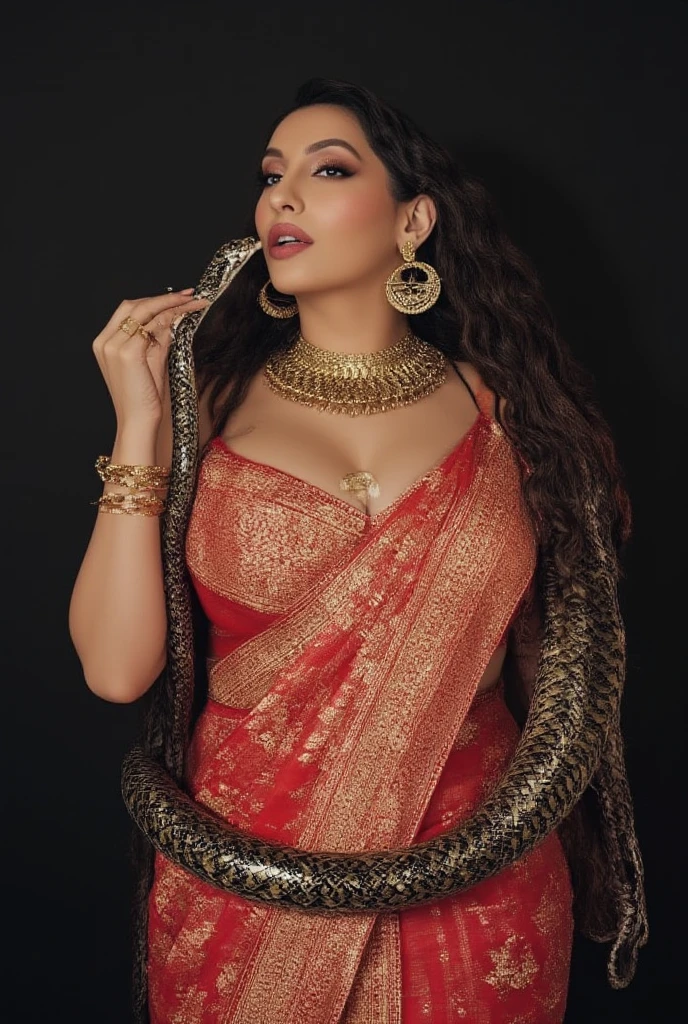  Pregnant Happy , aroused 1girl), beautiful kneeling Indian young teen girl   with  giant colossal black titanboa monster  squeezing her hard, wrapped in thick spiraling coils, constricted, struggle, gasping for air, snake attack, snake peril, moonless night, dim light