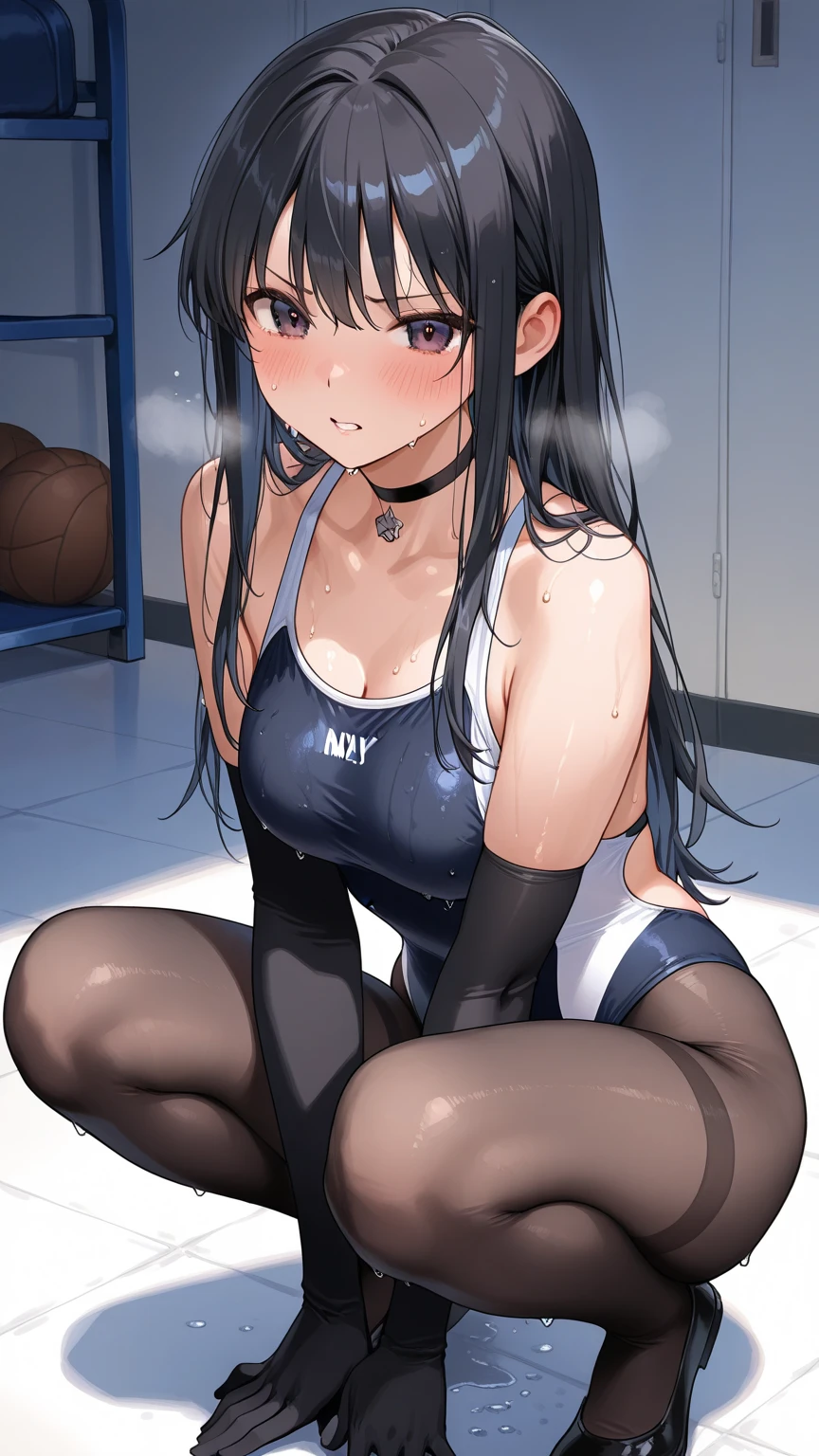 , masterpiece, best quality, ultra detailed,1 girl, twin tail, school swimsuit, tanned skin, ,  toy,  thigh-high socks, peeing, female , 