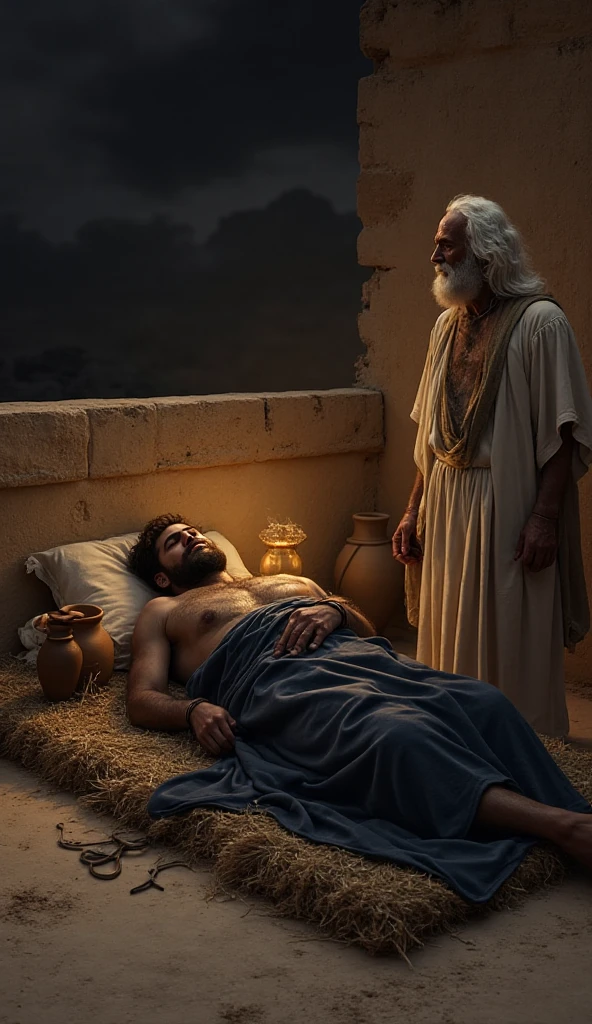 "Create a digital artwork inspired by the scene of Abraham about to sacrifice his son Isaac. In this image, Isaac, a young man with a muscular build, lies on a wooden altar covered with sticks, his body partially covered with a cloth. His expression is calm and resigned, as he rests with his eyes closed. Abraham, an elderly man with a long beard and wearing a robe, stands above Isaac with a knife in hand, his face showing deep sorrow and determination. The background features a dramatic sky with hues of purple and orange, reflecting a sunset. The scene should capture the emotional gravity of the moment, emphasizing the detailed textures of the figures' clothing, the wood, and the subtle play of light and shadow in a digital art style."