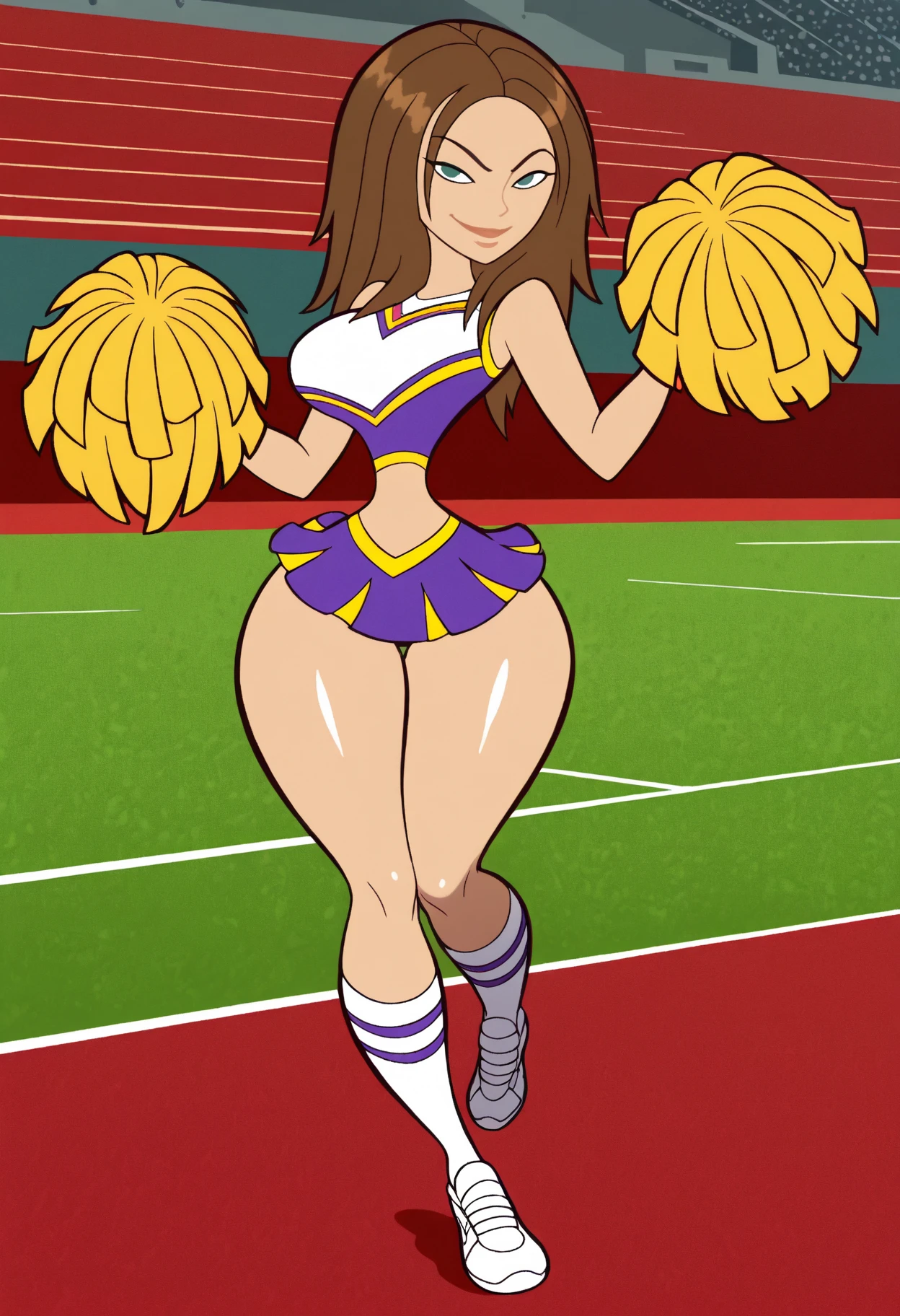score_9, score_8_up, score_7_up, score_6_up, score_5_up, score_4_up, looking at viewer, 1 girl, Kim Possible, behind view, viewed from below, , , (long orange hair), green eyes, (cheerleader outfit), (purple tube top), cleavage, (holding pom poms), sneakers, short purple cheerleader skirt, cute white panties, panties showing, realistic, lips, nose, blush, (standing), (), (dancing),  look, grin, looking at viewer, (stadium background)